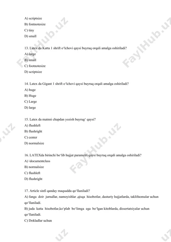 avhasi boshlanishi yoki yo‘qligini ko‘rsatadi 23. latexda taqdimot yaratish uchun qaysi hujjat sinfidan foydalaniladi? a) beamer b) article c) report d) book 24. latexning beamer sinfi qachon yaratilgan? a) 2003-yilda b) 2000-yilda c) 2001-yilda d) 1999-yilda 25. beamer – bu …? a) taqdimot slaydlarini yaratish uchun latex hujjat sinfi bo‘lib, keng doiradagi shablonlarga va slayd-shou effektlarini yaratish uchun funktsiyalar to‘plamiga ega. b) kichik hajmdagi hujjatlar yoki maqola tayyorlash uchun latex hujjat sinfi bo‘lib, bunda matn boblarga ajratilmaydi va alohida titul varag‘iga ega emas. c) kitob matnlarini tayyorlash uchun mo‘ljallangan latex hujjat sinfi bo‘lib, bunda matn varaqning har ikkala tomoniga ham chop etiladi. d) katta hajmdagi texnik hujjatlarni tayyorlashda ishlatiladigan latex hujjat sinfi.