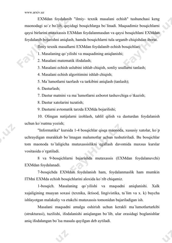 amik dasturlash, stoxastik dasturlash, bashoorat qilish bilan bog`liq masalalarni echish mamtematik aparatini bildirish kerak; texnik soxasidagi mutaxasisliklar oddiy differentcial tenglamalar va ularning tizimlari, mexaniqaning chetki masalalarni, gaz dinamikasiga oid maslalarni, integral ko`rinishidagi masalani ifodalash va echish uchun ishlatiladigan matematik aparatni to`liq tushunib etgan bo`lishi kerak. 3- bosqich masalani echish usulini ishlab chiqish, sonli usulni tanlash. 4- bosqich masalani echish algoritmin yaratish. 5- bosqich ma`lumotlarni tayerlash va tarkibini aniqlash. 6- bosqich dasturlash. 7- bosqich dastur matnini va ma`lumotlarni axborot tashuvchiga o`tkazish. 8- bosqich dasturni xatosini tuzatish. 9- bosqich dasturni avtomatik tarzda exmda bajarilishi. 10- bosqich olingan ma`lumotlarni izohlash, tahlil qilish va dasturdan foydalanish uchun yuriknoma yozish. adabiyotlar: 1. van tassel d. stil, razrabotka, effektivnost, otladka i ispўtanie programm. m. , mir, 1991. 2. linger r. , teoriya i praktika strukturnogo programmirovaniya m. , mir, 1985. 3. v. v. lipaev. “proektirovanie programmnўx sredstv”, m. :”vsh”, 1991. 4. foks dj. “programmnoe obespechenie i …