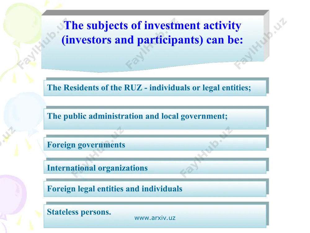 rxiv.uz www.arxiv.uz the subjects of investment activity (investors and participants) can be: the residents of the ruz - individuals or legal entities; the public administration and local government; foreign governments international organizations foreign legal entities and individuals stateless persons. www.arxiv.uz according to the law of the republic of uzbekistan "on investment activity", investment objects are: objects producing tangible and intangible benefits. prohibited to invest in facilities, the creation and use of which do not satisfy the laws of hygiene, radiation, environmental (ecological), architectural and town planning and other requirements. www.arxiv.uz www.arxiv.uz www.arxiv.uz the subjects of investment activity direct to the object of the investment activities the following investment resources to achieve certain benefits cash and other financial assets, including loans, shares, stocks and other securities; intellectual property the rights of ownership and use of land and other natural resources, buildings, structures movable and immovable property (buildings, structures, equipment and other …