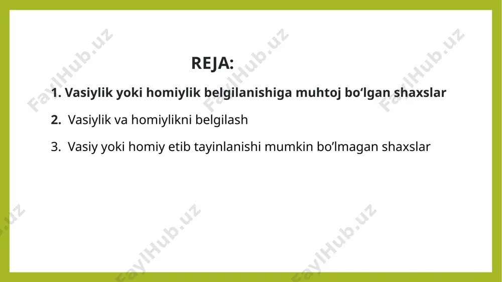 -vasiy yoki homiy tayinlashda uning axloqiy va boshqa shaxsiy fazilatlari, majburiyatlarni bajarish qobiliyati, vasiy, homiy va vasiylikdagi yoki homiylikdagi shaxs o‘rtasidagi munosabatlar, vasiy yoki homiy oilasining vasiylikdagi yoki homiylikdagi shaxsga munosabati, shuningdek vasiylikdagi yoki homiylikdagi shaxsning istagi inobatga olinishi lozim. -shuningdek yashash joyidan qat’i nazar, vasiylik yoki homiylik belgilanishiga muhtoj bo‘lgan shaxsning qarindoshlari, u yashayotgan oilaning shaxslari, aka-ukalarni va opa-singillarni ular o‘rtasidagi qarindoshlik aloqalarini uzmasdan vasiylikka yoki homiylikka olayotgan shaxslar, shuningdek o‘zbekiston respublikasi fuqarolari vasiy yoki homiy etib tayinlanishda imtiyozli huquqqa ega. vasiy yoki homiy etib tayinlanishi mumkin bo’lmagan shaxslar -ota-onalik huquqidan mahrum etilgan yoki ota-onalik huquqlari cheklangan shaxslar; -sud tomonidan muomalaga layoqatsiz yoki muomala layoqati cheklangan deb topilgan shaxslar; -sobiq farzandlikka oluvchilar, agar farzandlikka olish ularning o‘z zimmasiga yuklatilgan majburiyatlarini bajarishdan bo‘yin tovlaganligi yoki lozim darajada bajarmaganligi, ota-onalik huquqlarini suiiste’mol qilganligi, farzandlikka olinganlar bilan shafqatsiz munosabatda bo‘lganligi, surunkali alkogolizm yoki giyohvandlikka mubtalo bo‘lganligi oqibatida bekor qilingan bo‘lsa; -o‘z zimmasiga …