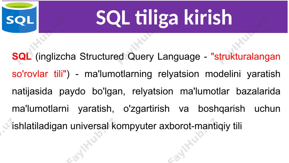 ustun nomi, ustun nomi, ...] [having qidiruv shartlari] [order by tartiblash mezoni [asc│desc]]; 10 select [maxsulot nomi], narxi from maxsulotlar; image2.png image3.png image4.png image5.png image6.tmp image7.tmp image1.jpeg /docprops/thumbnail.jpeg