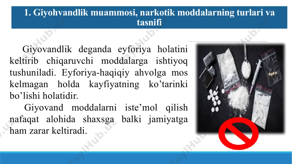 ri ko’rsatkichlari 1 ruhiy va jismoniy og’ishlar 2 uning shaxsiyatiga turli omillar ta’siri 3 1 2 3 biologik omillar-narkotik vositalarga nisbatan bag’rikenglik, kasallik, charchoq munosabati bilan giyovand moddalar qabul qilish; 01 ijtimoiy tengdoshlar guruhlari, moddaning ta’siri; 03 yoshlarning givandlashuv muammolarini uzoq vaqt oshkor qilmasliklari;. 05 ruhiy-eyforiya holatini boshdan kechirishga qiziqish, o’zini namoyon qilishga intilish, ijobiy ijtimoiy qiziqishlarning yo’qligi, ruhiyatning buzilishi; 02 ijtimoiymadaniy va submadaniyatning ta’siri-ba’zi yoshlar guruhlari narkotiklarni hayotning ajralmas bo’lagi deb hisoblashadi; 04 sobiq mafkuraviy va ijtimoiy institutlarning barham topishi, o’smirlarning g’arb madaniyati bilan qiziqib qolishlari; 06 07 narkotiklarga yetishish mumkinligi. savollar: e’tiboringiz uchun rahmat! image11.png image12.png image13.svg image14.png image15.png image1.png image2.png image16.jpeg image17.png image18.png image19.png image20.png image21.png image22.png .msftofcthm_accent5_lummod_75_fill { fill:#2e75b6; } /docprops/thumbnail.jpeg