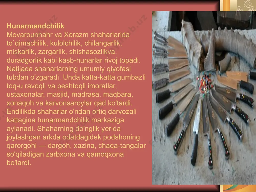 irdan turli xildagi qimmatbaho mo'ynalar, chorva mollari va chorvachilik mahsulotlari keltirilgan. xitoyshunos a. xo'jayevning ta'kidlashicha, vii-ix asrlarda xitoy bilan bo'lgan savdoda choy, ipak mato, tuz va ot asosiy o'rinda turgan. har bir ot xitoy bozorida (to'pi 12,8 metrli) 50 o'ram ipak matoga ayirbosh (barter) qilingan. ichki bozorlarda «fals» deb atalgan mis chaqa, xalqaro savdo-sotiqda esa kumush tanga — dirhamlar ishlatilardi. mis chaqalarni markaziy hukumat ham, shuningdek, sulola a'zolaridan bo'lgan ba'zi viloyat hokimlari ham chiqarar edilar. kumush tangalar faqat hukumat boshlig'i nomidan marv, samarqand, buxoro va shoshda davlat zarbxonalarida so'qilar edi. somoniylar «ismoiliy», «muhammadiy» nomlari bilan yuritilgan bir necha kumush dirhamlar chiqargan edilar. ular orasida «ismoiliy» tangasi yuqori sifatli sof kumushdan zarb etilib, u asosan xalqaro savdo aloqalarida ishlatilgan. image1.wmf image2.png image6.png image7.jpeg image8.jpeg image9.jpeg image10.jpeg image11.jpeg image3.png image4.png image5.png /docprops/thumbnail.jpeg