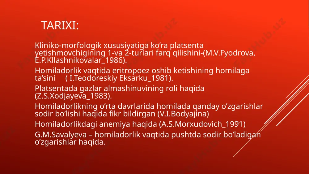 digan bo’lsa u homilada kislorod yetishmovchiligiga va homila o’limiga olib kelishi mumkin. fetoplatsentar yetishmovchilikning 2 xil turi farq qiladi: -o’tkir -surunkali shifokorlar surunkali fpy ni kompensirlangan va dekompensirlangan xillarga ajratishadi. fpy homiladorlik vaqtida kelib chiqish sabablari: -onaning 35 yoshdan oshgan holatdagi homiladorlik. - endokrin kasalliklar(qalqonsimon bez kasalligi va qandli diabed) -yurak-qon tomir tizimi kasalliklari(gipertaniya, yurak poroklari) -anemiya(qon trkibida temir yetishmovchiligi natijasida) -zararli odatlar(alkogol, chekish, nerkotiklar) -abortlar -jinsiy organlar infeksiyalari -surunkali genekologik kasalliklar(endomitrioz, bachadon miomasi, bachadon rivojlanishidagi buzulishla (ikki shoxli va egarsimon) kasallik simptomi: kompensirlanga fpy kasalliklari simptomlari noaniq, homilador ayollar o’zini yaxshi his qiladi. platsentar yetishmovchilikni aniqlash uchun ultratovush tekshiruvini o’tkaziladi. fpy diagnostikasi. asosan 3 xil usuldan foydalaniladi: ultratovush tekshiruvi (utt) kardiotokografiya (ktg) dopplerometriya davolash platsentar yetishmovchilikni davolashda asosan statsionar davo amalga oshiriladi. kompensirlangan fpy dan tashqari dinamik ambulator davo va kuzatuv o’tkazib turiladi. afsuslar bo’lsinki hozirgi vaqtda effektiv davo yo’q. profilaktikasi. sog’lom turmush tarzi, zararli odatlardan homiladorlik vaqtida va …