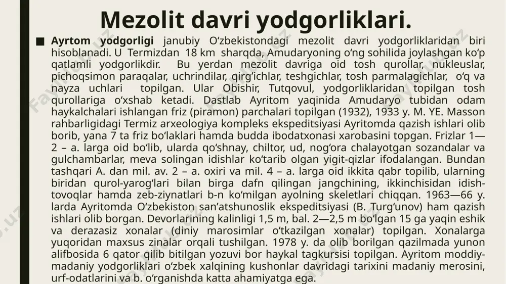 rtiq turli xildagi tosh qurollari va qo‘y, echki, qora mol suyaklari topilgan. bu yerda yashagan aholi ovchilik va termachilik bilan kun kechirgan. toshkent vohasining boshqa joylaridan ham mezolit davriga oid makonlar topilgan. bo‘zsuv anhorining qoraqamish jarligiga quyiladigan joyidan unchalik uzoq bo‘lmagan shoimko‘prik yaqinidagi bo‘zsuv i, deb nomlangan makondan mezolit davri tosh qurollari topilgan. tosh qurollari nukleus, plastinkasimon tosh quroli va mikrolitlardan iborat. vohaning boshqa joylarida ham hozirgi payda aniqlanmagan mezolit davri makonlari mavjud bo‘lganligi, tabiiy. bu yerning boy tabiati mezolit davri jamoasining rivojlanishi uchun qulay sharoit yaratgan. machay g’or makoni mezolitning so‘nggi bosqichiga oid yodgorlik bo‘lib, u hisor tizmasining ketmonchopti tog’ining janubidan machay daryosining o‘ng sohilidan topilgan. g’or–makon ko‘p qatlamli bo‘lib, u yerdan ko‘p miqdorda tosh qurollari va oz miqdorda suyakdan yasalgan mehnat qurollar ham topilgan. suyak qurollar 15 nusxada bo‘lib, ular bigiz, igna, so‘zan va boshqalardir. tosh qurollardan har xil shakldagi nukleuslar, retushlangan va retushlanmagan paraqa va paraqachalar, tosh …