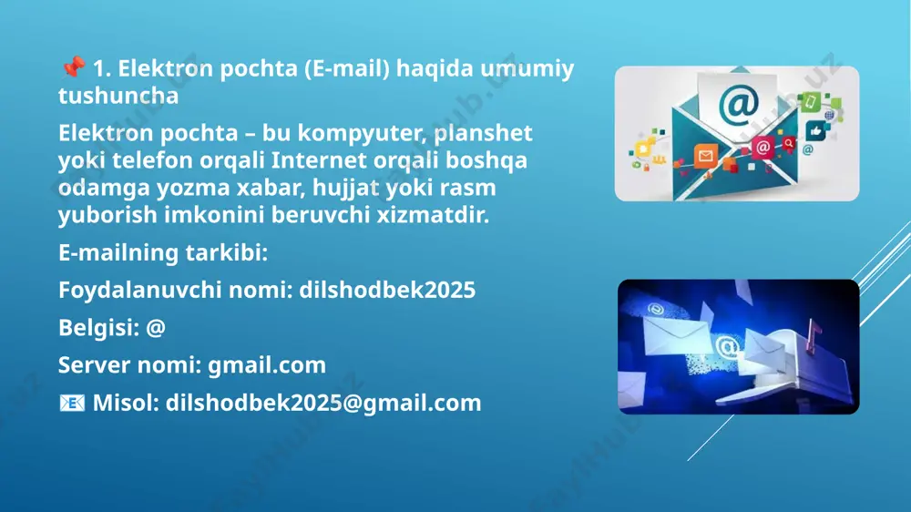 yubormang fayllarga parol qo‘ying (zip fayl bilan) antivirus va himoya dasturlaridan foydalaning faqat ishonchli serverlardan foydalaning (masalan, gmail, protonmail) 📌 6. e-mail etikasi (odat va odob qoidalari) elektron xat yozishda rasmiy yozishma madaniyatiga rioya qilinishi shart: maslahatlar: salomlashish: “assalomu alaykum hurmatli doktor” qisqacha, aniq yozing yakunlash: “hurmat bilan, talaba karimova m.” fayllarga aniq nom bering: anamnez_sharipova.pdf grammatika va uslubga e’tibor bering 📌 7. mashhur e-mail xizmatlari va ular orasidagi farq xizmat afzalliklari gmail eng ko‘p ishlatiladi, tezkor, bepul, interfeysi qulay outlook microsoft office bilan bog‘lanadi protonmail yuqori maxfiylikni ta’minlaydi (evropalik shifokorlar ko‘p ishlatadi) yahoo katta xotira sig‘imi, arxivlash uchun qulay 📌 8. tibbiy elektron xatga namunaviy misol: 📧 to: abdullaeva.doc@gmail.com 📄 subject: “bemor soliyev sh. qon tahlil natijalari” ✉️ matn: assalomu alaykum hurmatli doktor! sizga bemor soliyev sherzodning 2025-yil 6-iyundagi qon tahlil natijalarini yuboryapman. fayl ilova qilindi. iltimos, ko‘rib chiqib xulosangizni bildirishingizni so‘rayman. hurmat bilan, sharifova zaynab, kuaf, davolash ishi …