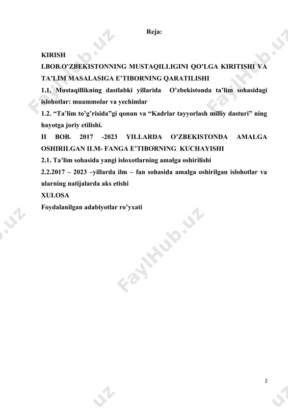 tashkil etish bo‘yicha amaliy ishlar amalga oshirilmoqda. mustaqil o‘zbekiston respublikasining ta‘lim sohasidagi o‘zgarishlari jamiyatimiz xayotining barcha soxalaridagi kabi istiqlol yillarida olamshumul axamiyatga ega bo‘lgan o‘zgarishlar amalga oshirildi.. yosh mustaqil davlatimizning kelajak taraqqiyoti albatta uning intelktual saloxiyatli va ma‘naviy yetuk yoshlariga bog‘liq.ushbu xolat mustaqillikning dastlabki kunlaridanoq xukumatimiz va prezidentimizning doimiy e‘tiboridagi masala bo‘lib kelmoqda. birinchi prezidentimiz i.karimov - yuksak ma‘naviyat – yengilmas kuch‖ asarida: - ta’limni tarbiyadan, tarbiyani esa ta’limdan ajratib bo’lmaydi – bu sharqona qarash, sharqona h[footnoteref:1]ayot falsafasi”, - deb ta‘kidlaydi. [1: kаrimоv i.а. аsаrlаr tо‘рlаmi. 1–24 tоm. tоshkеnt: о‘zbеkistоn, 1993–2016. b.1127] mavzuning o’rganilganlik darajasi. ushbu mavzu bir nechta nomzodlik, magistrlik, bir nechta bitiruv malakaviy ishlar tayyorlangan va himoya qilingan va qilinmoqda. ammo, tadqiq qilinayotgan davr kesimida alohida tadqiqot ob‘ekti sifatida o‘rganilmagan. tadqiqotning maqsad va vazifalari. dissertatsiyaning asosiy maqsadi mustaqillik yillarida 1991-2023 yillarda ta‘lim tizimidagi islohotlarni o‘rganish qiyosiy tahlil etishdan iboratdir. ushbu masaladan kelib chiqqan holda quyidagi vazifalar belgilandi: -o‘zbekiston …