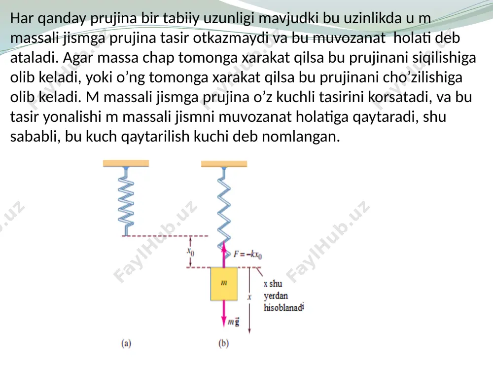 mplitudalar nisbati quyidagiga tengdir: bu so‘nish dekrementi deb ataladi. bu ifodaning logarifmi so‘nishning logarifmik dekrementi deb ataladi: so‘nuvchi tebranishlar mexanik majburiy tebranishlarnung differensial tenglamasi majbur etuvchi kuch rezonans majbur etuvchi kuch chastotasi tebranish tizimining xususiy chastotasiga yaqinlashganda majburiy tebranishlar amplitudasining birdaniga ortishi hodisasi – rezonans hodisasi deb ataladi. rezonans amplitudasi rezonans chastotasi majburiy tebranishlarning amplitudasi: majbur etuvchi kuch chastotasi 𝜔=0 bo‘lsa, tebranish sodir bo‘lmaydi, siljish statik deformatsiyaga teng bo‘ladi. agarda so‘nish kuzatilmasa, so‘nish koeffitsienti nolga teng bo‘ladi. tebranish amplitudasi, majbur etuvchi kuch chastotasi ortishi bilan ortadi va quyidagi holda cheksiz kattalashadi. rezonans agarda so‘nish koeffitsienti noldan farqli bo‘lsa, u holda, maxraj minimumga etganda amplituda maksimal qiymatga erishadi. mahrajdan chastota bo‘yicha olingan birinchi xosila nolga teng bo‘ladi. u holda rezonans chastotasi: ga teng bo‘ladi. rezonans rezonans to‘lqin hodisasi fazoda modda yoki maydonlarni turli ko‘rinishdagi g‘alayonlanishining tarqalishi - to‘lqin deb ataladi. to‘lqinlar: mexanik va elektromagnit to‘lqinlarga bo‘linadi. mexanik to'lqinlar: elastik to'lqinlar va …