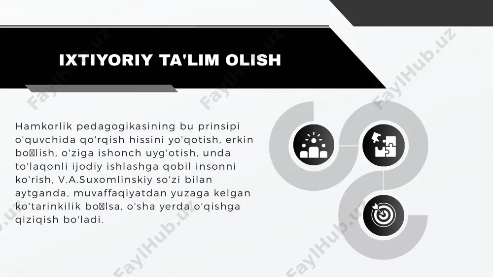 gan ko'tarinkilik boʻlsa, o'sha yerda o'qishga qiziqish bo'ladi. ixtiyoriy ta'lim olish qiyin maqsad g'oyasi. tajribani oʻtkazuvchi o'qituvchilarning yozishicha, ularning ishlari an'anaviy darsdan shunisi bilan farq qiladiki, ular bolalar bilan hamkorlik g'oyasini quvvatlab turadi, bolalar oldiga koʻproq murakkab maqsadlarni qo'yadi, ularning o'ta murakkabligiga e'tiborni qaratadi va ushbu maqsad albatta amalga oshiriladi, bu o'rinda mavzu yaxshi o'zlashtirilgan boʻlishi kerak. mazkur holatda o'quvchilami maqsadning o'zigina emas, balki qiyinchiliklarni yengishga boʻlgan qat'iy ishonch ham birlashtiradi. tayanch g'oyasi o'qituvchi - novatorlar predmet-so'z axborot-lariga turli- tuman tayanch signallarini kiritadi. chunki bular xotirani, mantiqni, xayolni, tafakkurni algoritmik ko'rinishlarini rivojlantirish vositasi hisoblanadi. v.f.shatalov darsda tayanch signallaridan unumli foydalanadi. erkin tanlash g'oyasi o'quvchilar ijodiy fikrlashni rivojlantirishning eng oddiy yo'li hisoblanadi. erkin tanlash maktab o'quvchilari shaxsidagi ayrim sifatlar notekis rivojlanishining oldini olish imkoniyatlarini beradi. erkin tanlash g'oyasiga misol: v.f.shatalov o'quvchilar ixtiyoriga juda ko'plab misollar beradi va bolalar o'z ixtiyorlari bilan xohlagan misolni tanlab oladi. e'tiboringiz uchun tashakkur! 19741933 7780073804f000 d10.3.2