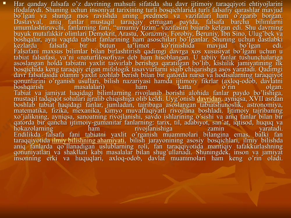 bilish falsafiy (dialektik) fikrlashni talab etadi. voqelikni bilish nazariyasi. borliqni inson ongida aks ettirish — murakkab dialektik jarayondir. uni atroflicha va chuqur bilish uchun falsafa fani — in’ikos nazariyasini ishlab chiqdi. falsafaning in’ikos nazariyasi bilish jarayonida sub’ekt bilan ob’ektning aloqadorligi, bilishning asosiy bosqichlari va shakllari, haqiqatga erishish dialektikasi va shunga o’xshash ko’pgina murakkab masalalarni atroflicha anglab olishga yordam beradi. ilmiy bilish va inson amaliyoti uchun bu katta ahamiyat kasb etadi. yuqorida ko’rsatilgan muammolar falsafaning barcha tarixiy tiplari va yo’nalishlari markazida turgan muammolardir. antik davr, o’rta asr, yangi davr va hozirgi zamon faylasuflarining barchasi o’z asarlarida borliq, uning kelib chiqishi va rivojlanishi qonuniyatlari to’g’risida, insonning borliqqa munosabati, voqeliknint rivojlanish manbalari, uni bilish qoidalari va shu kabi murakkab falsafiy masalalar to’g’risida turlicha fikrlar aytganlar va aytib kelmoqdalar. bu esa, falsafaning fundamental muammolari davomiyligi va ularning umuminsoniy qadriyatlar ahamiyatiga ega ekanligidan dalolat beradi. insonning dunyoqarashini, uning ongini falsafa qoidalariga muvofiqlashtirib shakllantirishda jamiyat taraqqiyoti …