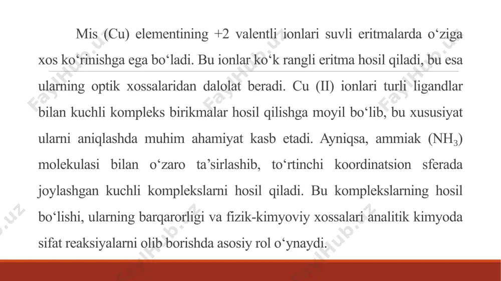 och ko‘k rangga ega bo‘lib, uning rang o‘zgarishi spektrofotometrik tahlil uchun juda foydali bo‘ladi. reaktsiya ph qiymatiga bog‘liq ravishda to‘liq amalga oshishi mumkin, chunki cu(ii) ionlari ph past bo‘lganda gidrolizlanishi mumkin, bu esa kompleksning shaklini o‘zgartirishi va uning rangiga ta’sir qilishi mumkin. e’tiboringiz uchun rahmat /docprops/thumbnail.jpeg
