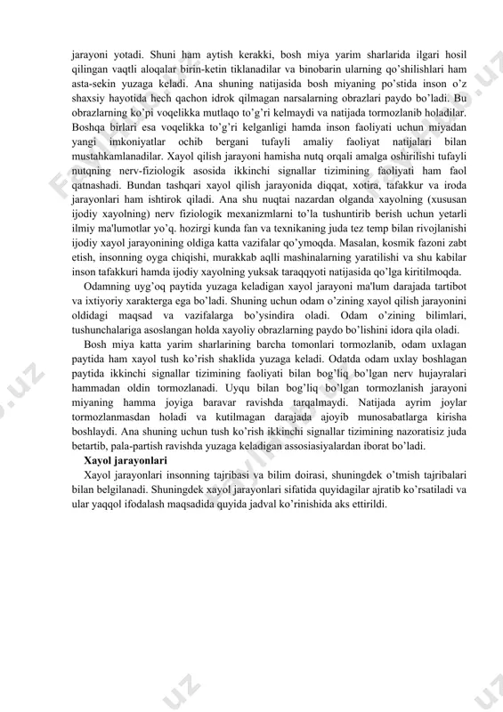 holatlari bilan uzviy bog’liq. xayol idrok xotira tafakkur kabi mantiqiy bilish jarayonlari bilan uzviy bog’liq holda rivojlanadi. xayolning mahsuli shundaki, u orqali avvalgi tajribalar qayta ishlanadi. xayol tafakkur bilan shunday bog’liq-ki, xayol ham, tafakkur ham muammoli vaziyatlardan kelib chiqadi va shaxs ehtiyojlariga asoslanadi. tafakkurda fikrlar, tushunchalar asosida ifodalanadi. xayol jarayonlarining nerv-fiziologik asoslari xayol qilish jarayoni juda ham murakkab aks ettirish jarayoni bo’lishiga qaramay, uning asosida yotgan fiziologik mexanizmlarni akademik. i.p. pavlovning oliy nerv-faoliyati haqidagi ta'limoti asosida ma'lum darajada tushuntirib o’tish mumkin. xayolning nerv fiziologik asosida ham miyaning po’stida ilgari hosil qilingan vaqtli aloqalarning (assosiasiyalarning) yana qayta tiklanib, bir-biri bilan yangicha qo’shilish jarayoni yotadi. shuni ham aytish kerakki, bosh miya yarim sharlarida ilgari hosil qilingan vaqtli aloqalar birin-ketin tiklanadilar va binobarin ularning qo’shilishlari ham asta-sekin yuzaga keladi. ana shuning natijasida bosh miyaning po’stida inson o’z shaxsiy hayotida hech qachon idrok qilmagan narsalarning obrazlari paydo bo’ladi. bu obrazlarning ko’pi voqelikka mutlaqo to’g’ri …