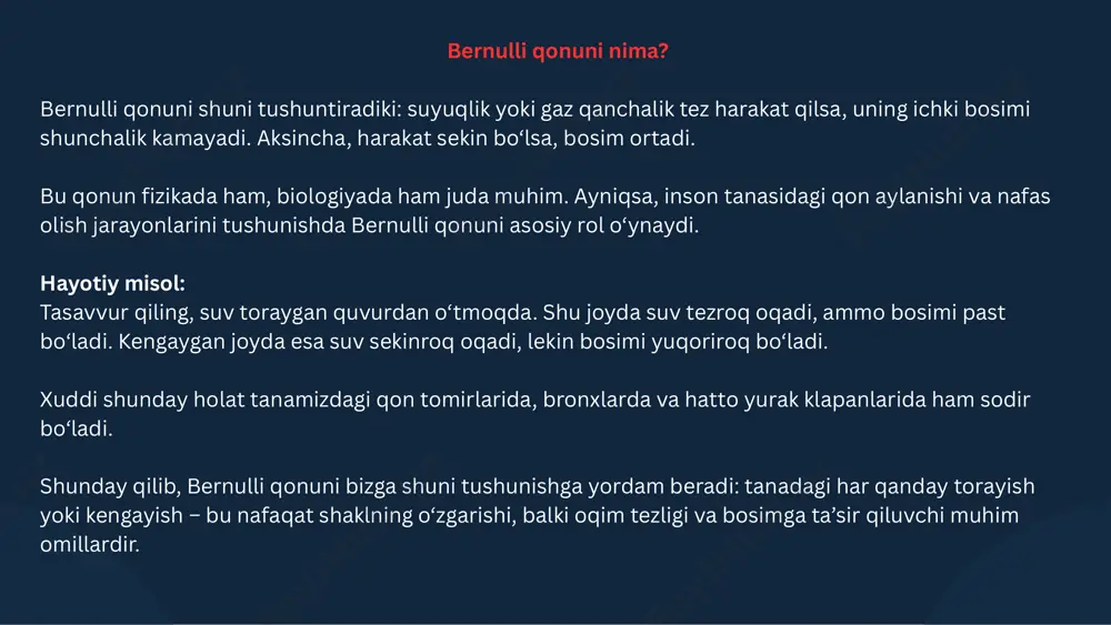 sh yoki shish tufayli torayadi. toraygan joydan o‘tayotgan havo tezroq oqadi, lekin bernulli qonuniga ko‘ra, bu yerda bosim pasayadi. bosimning kamayishi esa bronx devorlarini ichkariga tortadi – bu esa nafas olishni yanada qiyinlashtiradi, bronxlar deyarli yopilib qoladi. natijada, bemor «havo yetmayapti» degan holatga tushadi. tibbiy yechimlar qanday ishlaydi? • bronxodilatator dorilar (masalan, salbutamol): bu dori vositalari bronx devoridagi mushaklarni bo‘shashtirib, yo‘lni kengaytiradi. kengaygan joyda havo oqimi sekinroq bo‘ladi va bosim tiklanadi – bu esa bemorga nafas olishda yengillik beradi. • sun’iy nafas berish apparatlari: bu asboblar bemorga havo oqimini aniq bosimda va tezlikda beradi. qurilma bernulli qonuniga asoslanib, nafas yo‘llarining ochiqligini saqlab turadi va havo oson kirib-chiqishini ta’minlaydi. asosiy xulosa: o‘pka va nafas yo‘llarida gaz harakati bernulli qonuniga bo‘ysunadi. shu qonunni tushunish orqali vrachlar bemorlarda nafas olishni yengillashtirish, nafas yo‘llarini ochish va havo oqimini muvozanatlashni aniq boshqarish imkoniga ega bo‘ladilar. tibbiy asboblardagi qo‘llanishi a) doppler tekshiruvi bu usul yurak va …