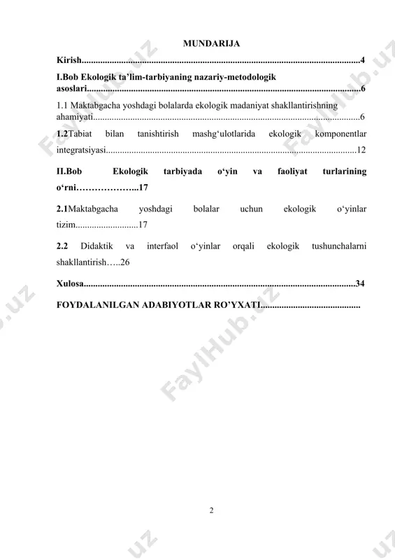 ologik xavf ostiga tushmoqda. shu bois ekologik muammolarni bartaraf etish, atrof-muhitni muhofaza qilish va aholi, ayniqsa yosh avlodning ekologik madaniyatini yuksaltirish masalalari dolzarb ahamiyat kasb etmoqda.o‘zbekiston respublikasida ekologik xavfsizlikni ta’minlash, tabiiy resurslardan oqilona foydalanish va ekologik madaniyatni shakllantirish borasida muhim qonuniy asoslar yaratilgan. jumladan:“atrof-muhitni muhofaza qilish to‘g‘risida”gi o‘zbekiston respublikasi qonuni (1992-yil) – ekologik xavfsizlikni ta’minlash, ifloslanishning oldini olish va barqaror rivojlanish uchun huquqiy asos hisoblanadi.“ekologik ekspertiza to‘g‘risida”gi qonun – har qanday xo‘jalik faoliyatining atrof-muhitga ta’sirini baholashni belgilaydi.o‘zbekiston respublikasining “ta’lim to‘g‘risida”gi qonuni va “kadrlar tayyorlash milliy dasturi” – ekologik ta’lim va tarbiyani umumiy ta’lim jarayonining tarkibiy qismi sifatida belgilab beradi.2023–2025-yillarda o‘zbekiston respublikasida ekologik madaniyatni oshirish bo‘yicha davlat dasturi – fuqarolarda ekologik ongni shakllantirish, ekologik ta’lim va tarbiyani tizimli yo‘lga qo‘yishga qaratilgan muhim hujjatlardan biridir. ekologik ta’lim va tarbiya jamiyatning barqaror rivojlanishida muhim o‘rin tutadi. bu nafaqat tabiatga nisbatan mas’uliyat hissini uyg‘otadi, balki insonning yashash muhitiga ongli munosabatini shakllantiradi. shuning uchun ekologik …