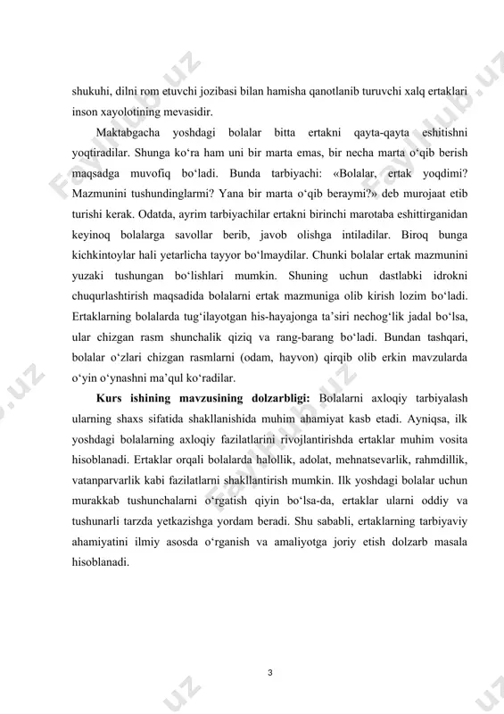 qiy tushunchalarni singdirish usullari. kurs ishining vazifalari: 1. ilk yoshdagi bolalarning axloqiy tarbiyalanish jarayonini o‘rganish. 2. ertaklarning axloqiy tarbiyada tutgan o‘rnini ilmiy jihatdan asoslash. 3. ertaklar orqali bolalarga axloqiy tushunchalarni singdirish usullarini aniqlash. 4. bolalarning ertaklarga bo‘lgan qiziqishini oshirish va ularning axloqiy fazilatlarini rivojlantirishga yo‘naltirilgan tavsiyalar ishlab chiqish. 5. ertaklarning turli yosh guruhlaridagi bolalar axloqiy tarbiyasiga ta’sirini tahlil qilish. asosiy qism 1. ertaklarning axloqiy tarbiyada tutgan o‘rni ertaklar insoniyat madaniyatining eng qadimiy va bebaho meroslaridan biri bo‘lib, ular orqali xalqning dunyoqarashi, qadriyatlari, hayot tajribasi va axloqiy tushunchalari avloddan avlodga yetkazilib kelinadi. ayniqsa, bolalar tarbiyasida ertaklarning o‘rni beqiyos bo‘lib, ular axloqiy fazilatlarni shakllantirish, to‘g‘ri va noto‘g‘ri tushunchalarni anglatish, hayotiy tajribani oshirishga xizmat qiladi. ilk yoshdagi bolalar uchun axloqiy tarbiyaning asosi bo‘lib xizmat qiladigan ertaklar nafaqat ularning dunyoqarashini shakllantiradi, balki kelajakdagi xulq-atvoriga ham katta ta’sir ko‘rsatadi. bolalarning axloqiy tarbiyasida eng muhim jihatlardan biri ular uchun ma’naviy va axloqiy qadriyatlarni tushunarli shaklda yetkazishdir. …
