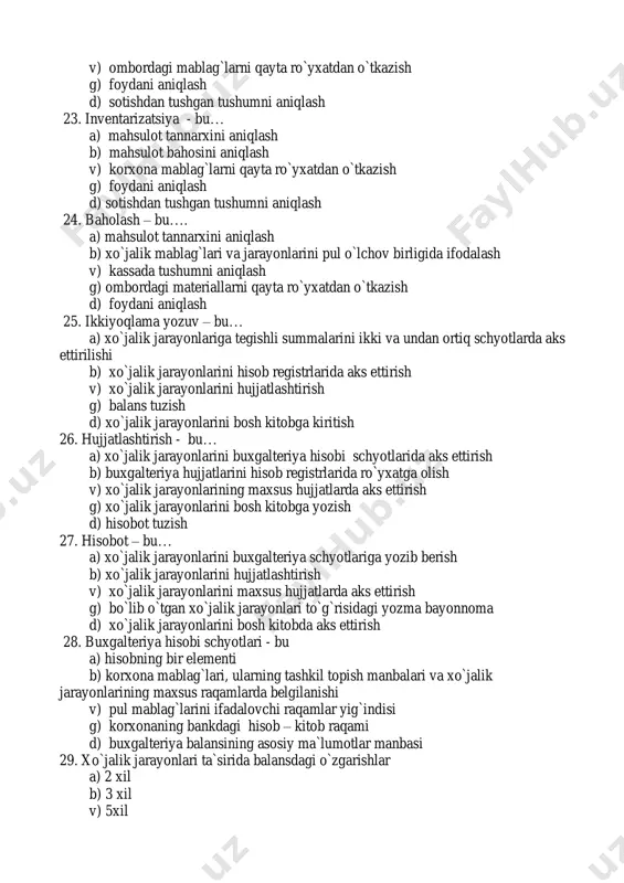 a hisobi to`g`risida ”gi qonun asosida buxgalteriya hisobini tashkil etilishi d) to`g`ri javob yo`q 35. “hisob siyosati” kim tomonidan shakllantiriladi? a) davlat tomonidan b) korxona tomonidan v) bank tomonidan g) bosh buxgalter tomonidan d) korxona rahbari tomonidan 36. buxgalteriya hisobining kontseptual asoslari nima? a) qonun, nizom va standartlar. b) qonun va nizomlar. v) yo`riqnomalar va standartlar. g) nizom va standartlar. 37. mamlakatimizda qaysi hisob ustun mavqega ega? a) moliyaviy hisob. b) boshqaruv hisobi. v) soliq hisobi. g) statistik hisob. 38. nizomlar kim tomonidan tasdiqlanadi? a) vazirlar maxkamasi tomonidan. b) oliy majlis tomonidan. v) moliya vazirligi tomonidan. g) prezident tomonidan. 39. “xarajatlar tarkibi va moliyaviy natijalarni shakllantirish tartibi to`g`risidagi nizom” qachon tasdiqlangan? a) 1992 yil. b) 1996 yil. v) 1999 yil. g) 2000 yil. 40. moliyaviy hisob nima? a) standartlarga asosan sub`ektning hisobini yuritish. b) qonun, nizom va standartlarga asosan sub`ektning hisobini yuritish. v) qonun, nizom, standartlar va moliya vazirligining yo`riqnomalariga …