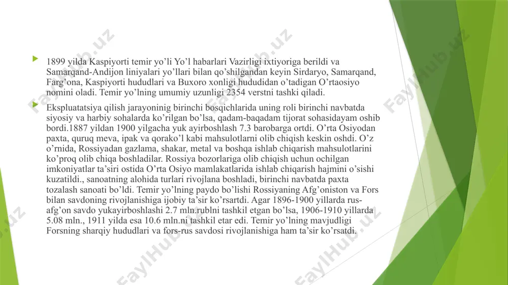 rilgan “xalq davlat organlariga emas, balki davlat organlari xalqqa xizmat qilishi kerak” degan tamoyiliga muvofiq barcha imkoniyatlar xalqimiz manfaatlari yoʻlida safarbar etilmoqda. foydalanilgan adabiyotlar quyidagi ma’lumotlar o’zbekiston respublikasi temir yo’llari aksiyadorlik jamiyati rasmiy veb-saytidan olindi. e’tiboringiz uchun raxmat image1.jpeg image2.jpg image3.jpg image4.jpeg image5.png image6.jpeg image7.jpeg image8.jpeg image9.jpeg image10.png image11.png image12.png image13.jpg image14.jpg image15.jpg image16.jpg /docprops/thumbnail.jpeg