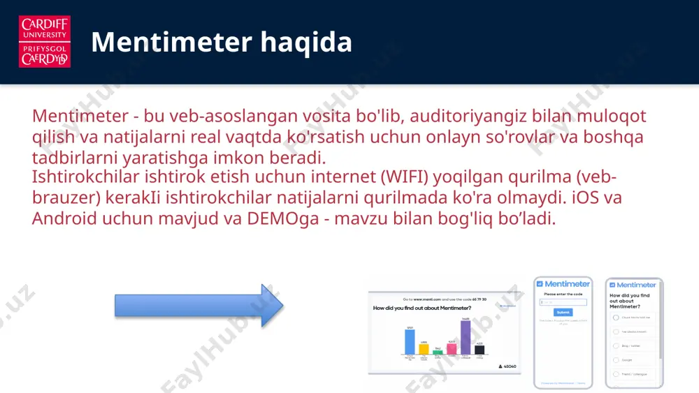 panelidan yuklab olish markaziga yoki slayddan kiringnatijalar bilan individual slaydlarni rasm sifatida yuklab olingbarcha harakatlar to'plamini pdf sifatida yuklab oling. (tasvir sifatida individual slaydlar)xls hisobotini yuklab oling va ma'lumotlarni tahlil qiling (uzunlik bo'yicha ma'lumotlarni taqqoslash, kogort tahlili, yanada murakkab tahlil va h.k.)tarix va tendentsiyalar xususiyatifaoliyatingizdagi natijalarni tiklash opsiyasi barcha javoblarni boshqa yuklab bo‘lmaydigan tarixiy ma’lumotlar sifatida saqlaydi!! ammo uni yangi javoblar bilan solishtirish uchun foydalanish mumkin (so'rovni nazorat qilish xususiyati - tarix va tendentsiyalar) - munozaralar va munozaralar va o'zgarishlarni qayd etish uchun yaxshi show history and trends feature 10 s l a y d h v e t a l g e d r c d a s o r a f f m e o c i s y i mentemetrga qayerda asos solingan qaysi online nashr orqali yilning eng yaxshi ilovasi deb topilgan qaysi universitet orqali mentemetr yaratilgan mentemetrdagi help paneli qanday ma’no beradi mentemetrda yaratilgan slaydni …