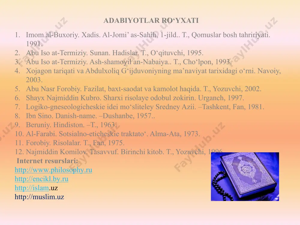 lari bilan diniy, islomiy ilmlar bilan birga islom falsafasini nazariyasi bo‘lmish kalom ilmi, hadisshunoslik, fiqh kabi fanlar rivoj topdi. islom tadrijan rivoj topar ekanmadaniyati va qarashlari islomdan farqli bo‘lgan xalqlarga islomni tanitish, o‘z dinlarining boshqa dinlardan afzalligini ko‘rsatishda muqaddas kitoblar bilan kifoyalanibgina qolmay, mantiqiy jihatdan isbot qilish hayot-mamot masalasiga aylandi. bu, o‘z navbatida, yangi g‘oya va yo‘llarning paydo bo‘lishiga olib kelishi ravshan edi. ikkinchi tomondan esa, mavjud siyosiy tuzum ichidagi beqarorlikni bartaraf etish, musulmonlarning turli firqalarga bo‘linib ketishiga yo‘l qo‘ymaslik zarurati ulamolarni yangi izlanishlarga majbur qildi. ushbu omillar islomning fikrlovchi doiralarida falsafiy bahslarning paydo bo‘lishiga zamin tayyorladi. ma’lumki, islom falsafasi o‘z taraqqiyoti davomida shariat ilmining tarkibiy qismiga aylandi. islomni falsafiy o‘rganish muhammad (s.a.v.) vafotidan keyin darhol ko‘zga kuringan bo‘lsa-da, fan sifatida, ma’lum ma’noda, aqliy (ratsional) ta’limot sifatida shakllanishi birmuncha murakkab kechgan. o‘zbekiston respublikasi prezidenti shavkat mirziyoev birlashgan millatlar tashkiloti bosh assambleyasining 72-sessiyasida qilgan ma’ruzasida islom dinining ma’rifatparvar din ekaniga barchaning …