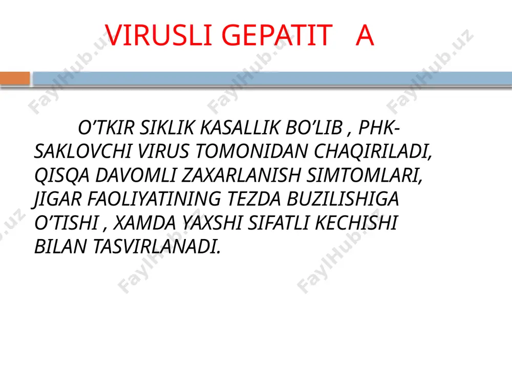 avri 1-2-3-xafta kamdan-kam gepatit b siydik va ko’zning sarg’ayishdan boshlanadi. sarg’ayish davri simptomlar yaqqol ko’rinadi sariqlik paydo bo’lishi bilan bemorni axvoli yaxshilanmaydi, sariqlik 2-3 xafta davom etadi xolsizlik ishtaxa bo’lmasligi ko’ngil aynishi qusish badani qichishadi temperatura artralgiya jigar kattalashgan og’riqli qonda leykopeniya limfositoz echt kamayganligi aniqlanadi billurubin miqdori ko’payadi indikatorli fermentlar faolligi oshadi timol reaksiyasi o’zgarmaydi sulema reaksiyasini ko’rsatkichlari va betta lipoprteinlar kamayadi asosiy markeri hbs ag aniqlanadi anti hbs ig m topilish o’tkir boshlanganidan darak beradi klinik tasnifi klinikasiga qarab sariqlik formasi bilinar-bilinmas formasi sariqsiz formasi subklinik (inaparat) formasi xolestatik formasi muddatiga qarab o’tkir cho’zilgan surunkali og’irligiga qarab yengil o’rta og’ir og’ir juda og’ir gepatit b ni asoratlari o’tkir jigar ensefalopatiyasi gepatit b ni zo’riqish o’t suyuqligi yo’llarini yallig’lanish va faqat o’t yo’llari diskneziyasi gepatit b ni oqibatlari sog’ayish qoldiq alomatlar infeksion jarayonni davom etish gepatit b ni diagnostikasi epidemiologik anamnez ko’ruv qondagi fermentlar miqdori bilurubin miqdori gpa pgar …