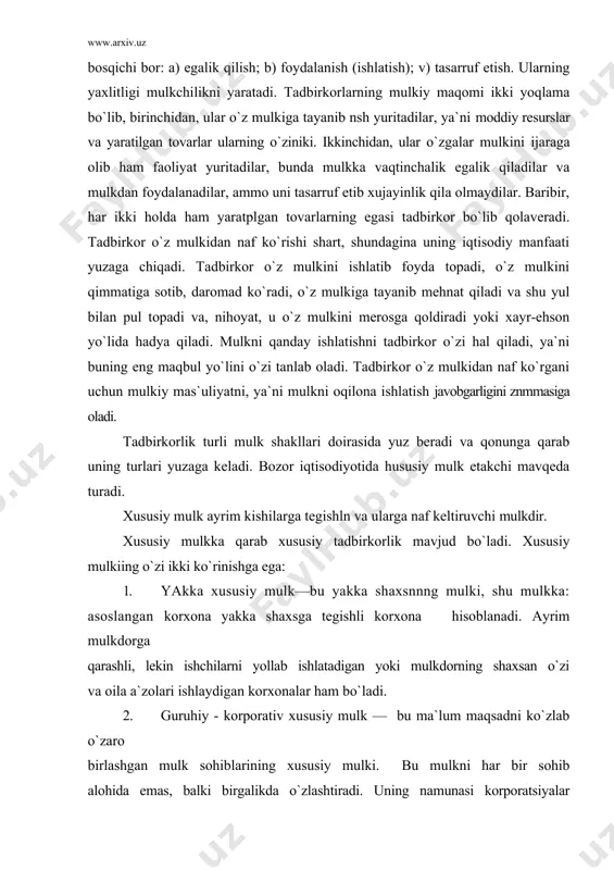 arqi shuki, mulk sohibi jamoa tarkibida ishlashi shart. bunga misol qilib kooperativlarni mahalla va jamoa xo`jaliklarini olish mumkin. davlat mulki davlatning vazifalarini bajarishga xizmat qiluvchi mulk, davlat korxonalarining va tashkilotlarinnng mol-mulkidan iborat. davlat unitar korxonalari ham tadbirkorlik bilan shug`ullanib, foyda ko`radilar. foydalanilgan adabiyotlar: 1. bozor iqtisodiyoti va biznes asoslari: o`quv qo`llanma a.e.ishmuxamedov va boshq.-t.: tdiu, 2006. 2. zаynutdinоv sh.n., kаdirхоdjаеvа n.r. bоzоr nаzаriyasi. dаrslik – t.: tdiu, 2007y. 329 bеt 3. i. a. karimov «iqtisodiyotni erkinlashtirish va isloxatlarni chuqurlashtirish eng muhim vazifa «хalq so`zi» 24 yanvar 2000yil. 4. maxmudov e.х. biznes-planirovanie: uchebnoe posobie g`e.х. maxmudov, m.yu. isakov. - t.: tdiu, 2004.-160 c. 5 ekz. 5. бизнес-планирование: учебник / под ред. в.м.попова, с.и. ляпунова. - м.:финансы и статистика, 2003.-672c. 1 экз. 6. maxmudov e.х. korxona iqtisodiyoti: o`quv qo`llanma. - t.: tdiu, 2004.-208 c. 1 ekz. 7. bozor iqtisodiyoti va biznes asoslari: o`quv qo`llanma /a.e.ishmuxamedov va boshk.-t.: tdiu, 2004.-160 c. 1 ekz. …