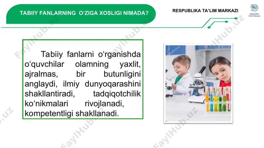 al qiladi; kundalik faoliyatida ijodiy va mantiqiy fikrlab, o‘zining intellektual rivojlanishini ongli rejalashtiradi, o‘quv faoliyati natijalarini nazorat qiladi va baholaydi. amaliy kompetensiya milliy o‘quv dasturi respublika ta’lim markazi milliy o‘quv dasturi milliy o‘quv dasturi amaldagi o‘quv dasturidan nimasi bilan farq qiladi? respublika ta’lim markazi milliy o‘quv dasturi “tabiiy fanlar” ga ajratilgan haftalik o‘quv soatlari ko‘paytirildi (2-3-4-sinflarda 2 soatdan (amalda 1 soatdan) etib belgilandi; amaliy mashg‘ulotlar ulushi 0 foizdan 50 foizga yetkazildi; o‘quvchilarning nazariy olgan bilimlarini hayotda qo‘llash, xalqaro baholash standartlariga mos keluvchi topshiriqlar bilan ishlash uchun kichik loyiha ishlariga alohida soatlar ajratildi; o‘quvchilarga qo‘yiladigan malaka talablari sinflar kesimida belgilandi; fanlararo uzviyligi ta’minlandi, murakkab mavzular tegishli yuqori sinf o‘quv dasturlariga o‘tkazildi; spiralsimon (oddiydan murakkabga) o‘qitishga yo‘naltirildi. xxi asr ko‘nikmalari о‘quvchilar egallagan kо‘nikmalarini kundalik turmushda, hayotiy vaziyatlarda qay tarzda qо‘llaydilar fundamental bilimlar tanqidiy fikrlash kreativlik muloqot hamkorlik murakkab masalalarni hal qila olish kо‘nikmalari qiziquvchanlik tashabbuskorlik maqsad sari intilish moslashuvchanlik liderlik хabardorlik shaxsiy …