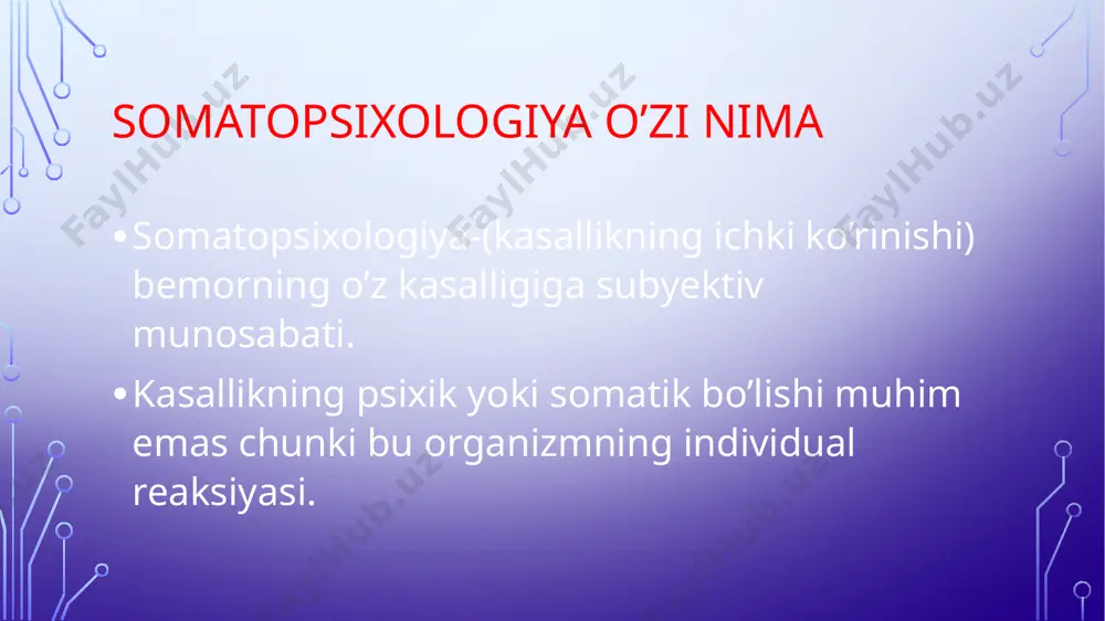 k o’zgarishlar terapiya-tibbiyot sohasining eng muhim qismi bo’lib,ichki kasalliklar bilan og’rigan bemorlar ko’proq psixogen omillar ta’siriga duchor bo’ladi. somatogen jihatdan kelib chiqqan ruhiy buzilishlar ko’pincha xavotirli-vahimali bemorlarda paydo bo’ladi.ularning asosiy kasallik natijasida paydo bo’lgan nevrozlar,zaiflik,tez charchab qolish,bosh og’rig’i,uyquning buzilishi,o’z ahvolidan cho’chish,haddan tashqari terlash,yurak urishining tezlashuvi va hokazolardan shikoyat qiladilar. jarrohlik klinikasida bemorlardagi psixologik o’zgarishlar tibbiyot sohasining hech bir bo’limida jarrohlikdagi singari amaliy ko’nikmalarning ahmiyati muhim bo’lmaydi.operatsiyaning qanday o’tishi undan oldingi va keying davrda tibbiyot xodimining o’z burchini nechog’lik puxta bajarganligiga bog’liq. operatsiyaga tayyorgarlik vaqtida bemor bilan yaqin munosabat o’rnatish,suhbatlar vaqtida bemorning qo’rquv va xavotirlari o’rinsiz ekanligini tushuntirish va eng muhimi bemorni tinchlantirish lozim. bemorlardagi psixik buzilishlar ko’pincha operatsiyadan keyin namoyon bo’ladi.ayrim bemorlarda operatsiya o’tkazilgandan so’ng 2-3kun o’tgach ta’sirchanlik,asabiylashish,jizzakilik va injiqlik kabi belgilar paydo bo’ladi. astenizatsiya negizida esa ayniqsa og’ir operatsiyalardan keyin asoratlar paydo bo’lib,bular depresiya holatini avj oldirishi mumkin. keksa odamlarda operatsiyadan keyin deliriy holati ro’y berib,gallutsinatsiyalar va bosinqirashlar qayd …