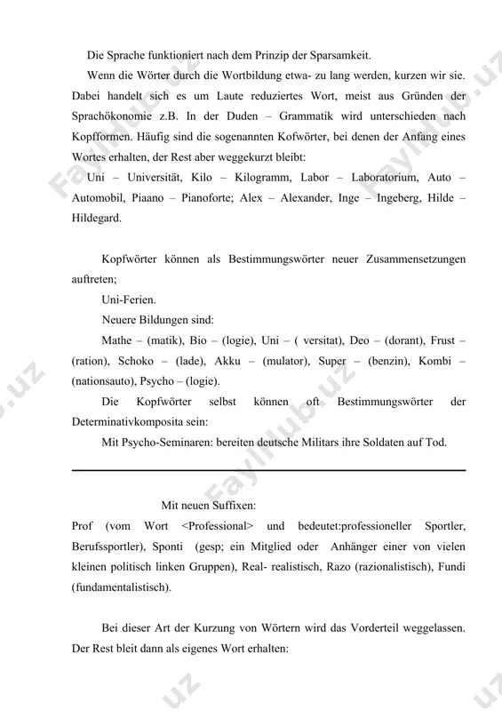 verwendet und gesprochen werden: edv ( elektronische datenverarbeitung), schiri ( schiedsrichter), nato ( nort atlantik treaty organisation). sie können bestandteil neuer zusammensetzungen werden: uni-betrieb, natogrun (gragrun), tv-geschäft) kurzwörter können gebildet werden mit den anfangsbuchstaben sinntragender teile: lkw-lastkraftwagen, ukw-ultrakurzwelle. sie werden dann nach den buchstaben ausgesprochen- ellkawe, ukawe. kurzwörter können gebildet werden mit den silbenanfangen der sinnenteile. man kann sie dann wie andere wörter lesen und aussprechen: azubi-auszubildende/r. die kurzwörter erhalten meistens keine deklinationssendung: des pkw. den plural bilden sie mit – es: drei azubis. kurzwörter können selbst wieder in zusammensetzungen und sogar in abteilungen stehen: s-bahn, u-bahn, lkw-anhanger, ukw-empfang, kripomäßig. in den publisistischen texten werden unterschiedliche wortbildungsarten. häufig zu sprach okonomischen zwecken innerhalb einzelner wortzusammensetzungen gebraucht: trefsicher zeigte sich us-golfprofi david duval bei den us open in pinehurst. (welt am sonntag. 25.06.1999.s.1.) das zusammengesetzte wort us-golfprofi lasst sich auf folgende wortgruppe zuruckfuhren: us-usa (united states of america), golfprofi-professional (berufssportler) im …
