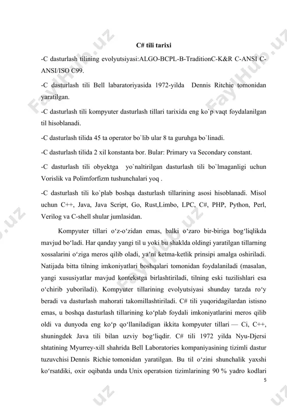 da nisbatan katta dasturlarni yozish imkoniyati vujudga keldi. aynan c# tili kuch, elegantlik va maʼnodorlikni oʻzida muvaffaqiyatli birlashtirgan birinchi strukturaviy til boʻldi. uning boʻlishi mumkin boʻlgan xatolar masʼuliyatini tilga emas dastur tuzuvchi zimmasiga yuklaydigan prinsiplar bilan inobatga olgan holda sintaksisdan foydalanishdagi qisqalik va osonlik kabi xususiyatlari tezda koʻplab tarafdorlarini topdi. bugungi kunda biz mazkur sifatlarni oʻz oʻzidan anglashiladigan deb hisoblaymiz, lekin s da birinchi marotaba dastur tuzuvchiga zarur boʻlgan ajoyib yangi imkoniyatlar mujassamlashtirilgan. natijada 1980 yillardan boshlab s strukturaviy dasturlash tillari orasida eng koʻp foydalaniladiganlaridan biri boʻlib qoldi. biroq, dasturlashning rivojlantirish choralariga koʻra bundanda kattaroq dasturlarni qayta ishlash muammosi kelib chiqmoqda. loyiha kodi maʼlum bir hajmga yetgan zahoti (uning raqamli ahamiyati dastur, dastur tuzuvchi, foydalanilgan instrumentlarga bogʻliq boʻladi, lekin taxminan 5000 satr kodlari nazarda tutilayapti) s-dasturlarini tushunish va kuzatib borishda qiyinchiliklar yuzaga keladi. c# dasturlash tilida boshqa dasturlash tilida boshqa dasturlash tillari-misol uchun c++ dagidek 8 razryadli kodlash tizimidan emas, …