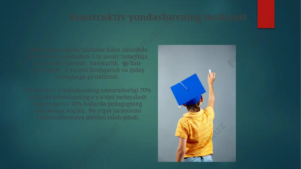 larga undashda 70% ga yordam beradi. hamkorlikdagi loyihalar, guruhdagi mas'uliyatni taqsimlash orqali, 2-3 o‘quvchining o‘zaro ishonchini 90% ga oshirib, disiplinani buzish ehtimolini kamaytiradi. konstruktiv yondashuvning printsiplari oʻquvchilarning salbiy munosabatini ijobiyga oʻzgartirish uchun 5 ta asosiy printsip qoʻllaniladi: hamkorlik, hurmat, tanlov erkinligi, muvaffaqiyatga yoʻnaltirish va ijobiy mustahkamlash. konstruktiv yondashuvda intizomsizlik holatlariga 2 ta asosiy munosabat shakllantiriladi: oʻz-oʻzini tarbiyalashga yoʻnaltirish va ijtimoiy javobgarlikni oshirish. yutuqlarni baholash va kelajakdagi rejalar kelajakdagi rejalarni tuzishda o‘quvchilarning qiziqishlari, kuchli va kuchsiz tomonlari inobatga olinib, kamida 3 ta konkret maqsad va ularga erishish uchun 6 oylik muddatli strategiya ishlab chiqiladi. o‘quvchilarning yutuqlari va kelajakdagi rejalari muntazam ravishda (har 2 oyda) muhokama qilinib, kerak bo‘lganda 20% gacha tuzatishlar kiritiladi, natijalar portfolio shaklida saqlanadi. ijobiy motivatsiyani shakllantirish talabalarning o'z-o'zini boshqarish ko'nikmalarini rivojlantirish ijobiy motivatsiyaning asosiy omili hisoblanadi. bu jarayonda 5ta asosiy element: o'z-o'zini baholash, o'z-o'zini tarbiyalash, rejalar tuzish, mas'uliyatni o'z zimmasiga olish va vaqtni samarali boshqarishni o'rgatish kerak. ijobi …