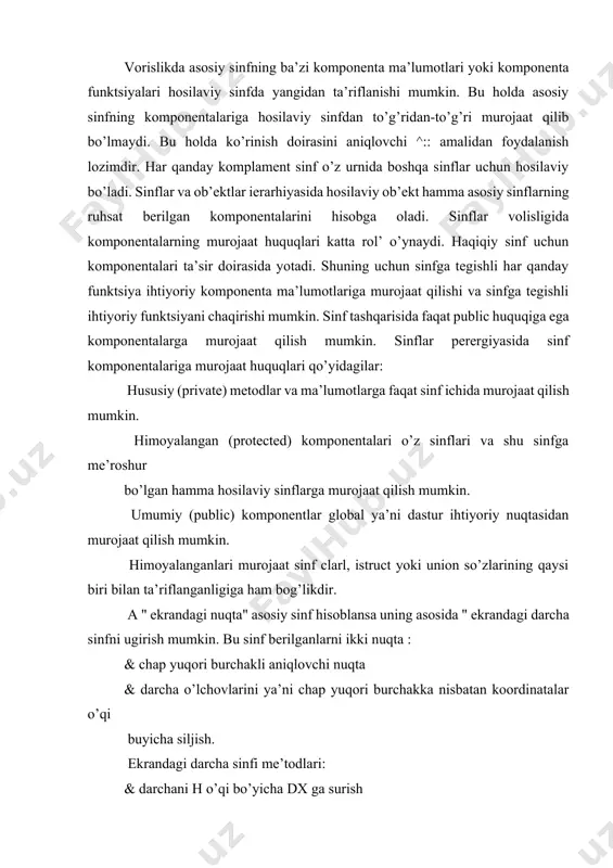 yicha siljish. ekrandagi darcha sinfi me’todlari: & darchani h o’qi bo’yicha dx ga surish & darchani u o’qi bo’yicha dy ga surish & chap yuqori burchak h koordinatasini aniqlash & chap yuqori burchak u koordinatasini aniqlash; & h o’qi buyicha darcha uzunligini aniqlash & y uki buyicha darcha uzunligini aniklash darchaning ekrandagi konstrutuktori: & ekranda chap yuqori burchagi va ulchamlari asosida berilgan nomli darcha yaratish; ekrandagi destruktori & berilgan nomli darchani yo’q qilish: nasldan o’tuvchi komponentalarga qo’shimcha jpot sinfiga qo’yidagi komponentalarni kiritamiz: tasvir radiusi (rad); ekralus sos etilishi (vir=0 ekranda tasvir yuk; vi1==1 ekranda tasvir bor); tasvirni bitli matnda saylash chun ajratilgan hotira qismiga ko’rsatgich pspot. spot.cpp # ifudef. spot # spot1 "include " " point. epp" clall spot; {int rad; int vil; int tag; void * pspot; public; spot (int xi, int yi, int ri); point (xi, yi)} {int size ; vir =0;tag=0;rad=ri; size=image size (xi-ri; yi-ri; xis ri; …