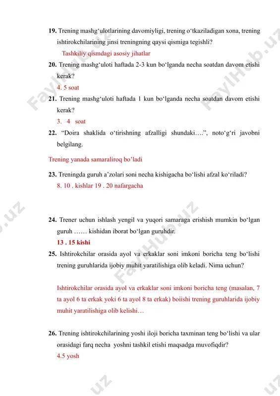 ishtirokchilar taklif etayotgan fikr va qarorlar hech qanday tahlilsiz va muhokamasiz qabul qilinadi? aqliy hujum 31. aqliy hujum qaysi hollarda juda qo‘l keladi? barcha javoblar toʻgʻri 32. aqliy hujumning afzalliklariga qaysilar kirmaydi? biroz zoʼrqish gʼoyalari yuzaga kelishi 33. aqliy hujumning nechta bosqichi bor? 5 bosqichda 34. shuningdek, aqliy hujum usulini o‘tkazishning nechta qoidasi ham mavjud? 3 ta qoidasi 35. qaysi usulda bildirilgan fikrlarni yakunlash va yagona qarorga kelish uchun har bir ishtirokchidan uning rozi yoki rozi emasligini so‘rash shart? beynstormig usuli 36. bu usulning ma’nosi - trener va ishtirokchilar o‘rtasida fiklar, qarashlar, bilimlarning erkin holda verbal ayirboshlashuvidir. gap qaysi usul haqida bormoqda? bahs munozara usuli 37. munozara metodining kamchiliklari? mavzuda chetlanib ketish ehtimoli koʼp boʼladi 38. trening jarayonida trener munozara o‘tkazishning quyidagi bosqichlarini bilishi lozim, bular: yoʼnaltrish bilan vaqtni boshqarish bilan baholash tuganlash bilan 39. bu trening jarayonida ishtirokchilarni faollashtirish, kayfiyatini ko‘tarish, ular orasida o‘zaro ishonch va samimiylik muhitini yaratish …