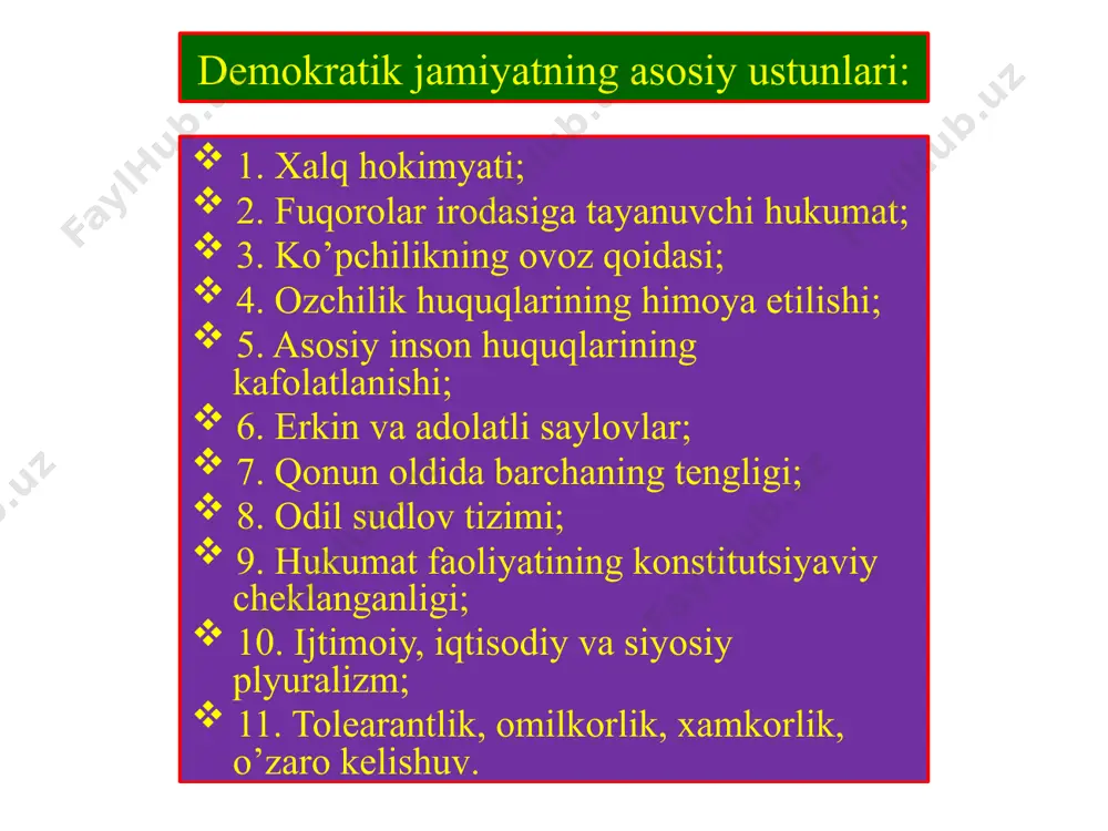 uni o'zbekiston "milliy tiklanish" demokratik partiyasi va fidokorlar milliy demokratik partiyasi yagona partiyaga birlashadi. . ekologik harakat 2-avgust 2008 yilda tuzilgan. ozbekiston ekologik xahakati fuqarolarning hozirgi va kelgusi avlodi qulay atrof-muhitda yashash, aholi salomatligini yaxshilash, barcha tabiiy resusrslarni muhofaza qilish va ulardan oqilona foydalanishga jamiyatning bor kuch va salohiyatini safarbar qilishga intiladi. o’zbekiston ekologik harakati qonunchilik palatasidagi 150 deputatlik o’rnidan 15 tasi shu tashkilotga beriladi 2017 yil 22 dekbarda shavkat mirziyoyev oliy majlis yig’ilishida o’zbekiston ekologik harakati 15 deputatlik o’rnini shunday olmasdan, u ham boshqa partiyalar saylovda qatnashishini taklif qiladi oav – fuqarolik jamiyatining muhim institutlaridan biri 19 o’zbekiston tarixi ommaviy axborot vositalari fuqarolik jamiyatining muhim institutlaridan biriga aylandi. ma’lumki, mamlakatda va dunyoda sodir bo‘layotgan eng muhim voqea va hodisalarni idrok etish va talqin qilish ommaviy axborot vositalari yordamida ham amalga oshiriladi. milliy ommaviy axborot vositalarining muhim roli - tinglovchilarga yangi bozor sharoitlariga moslashish, yangi demokratik qadriyatlar va tushunchalarni shakllantirish, …
