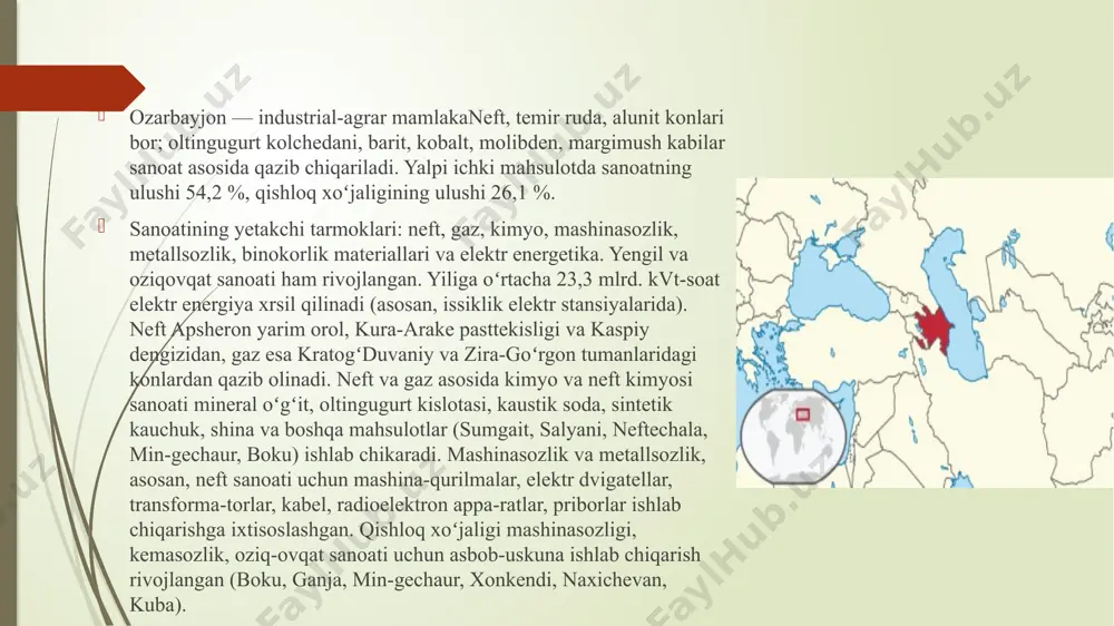 adi. shu maʼnoda, markaziy osiyodan kaspiy dengizi orqali va soʻngra kavkaz orqali qora hamda oʻrta yer dengizlari bandargohlariga yuk tashish yoʻnalishlari alohida dolzarblik kasb etmoqda. oʻzbekiston uchun ozarbayjon poytaxtining bandargohi „boku — tbilisi — kars“ yangi istiqbolli yoʻlagini rivojlantirishga hamda janubiy va markaziy yevropa bozorlariga olib chiqishga, shuningdek, „mersin“ oʻrta yer dengizi bandargohi va „poti“ qora dengiz bandargohi orqali yaqin sharq, janubiy hamda janubi-sharqiy osiyo mamlakatlariga chiqishga imkon beradigan muhim transport nuqtasi boʻlishi mumkin. ozarbayjon biznes etikasi ozarbayjonda biznes yuritishda muhim bo'lgan shaxsiy munosabatlarni o'rnatish uchun vaqt sarflash va biznes hamkorlaringiz bilan munosabatlarni o'rnatishga harakat qilish muhimdir. ko'pgina mahalliy kompaniyalar qiyin biznes muhitidan himoya qiluvchi siyosiy homiylikning qandaydir shakliga ega bo'ladilar. ozarbayjon asosan dunyoviy jamiyatdir va din odatda shaxsiy masala hisoblanadi. mahalliy urf-odatlar, urf-odatlar, qonunlar va dinlarni har doim hurmat qiling va ular, ayniqsa, muqaddas ramazon oyida yoki diniy hududlarga tashrif buyurmoqchi bo'lsangiz, ular xafa bo'lmasligi uchun harakatlaringizdan xabardor bo'ling. …
