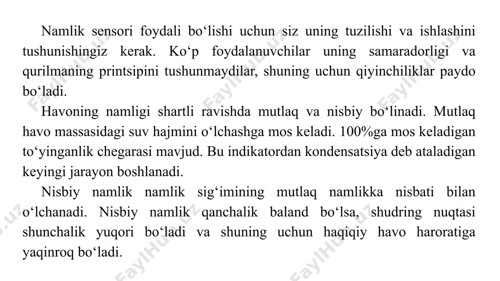 t va namlik sensori ishlatilganda, qurilma dht22 ga qaraganda kamroq aniqroq qiymat beradi. analog o‘lchangan qiymatlarning katta diapazoniga ega, ammo narx mos keladi. dht22 harorat va namlik sensori, xuddi analogi kabi, bitta raqamli chiqishga ega, shuning uchun siz o‘qishni har 1-2 soniyada bir martadan ko‘p bo‘lmagan holda olishingiz mumkin. dht11 va dht22 datchiklari tez va aniq emas, lekin ular oddiy, arzon va mashg‘ulotlar uchun ajoyib. ular ikki qismdan iborat - namlik sensori va termistor. ichidagi chip a / d konvertatsiyasini amalga oshiradi va har qanday mikrokontroller o‘qishi mumkin bo‘lgan raqamli signalni chiqaradi. dht11 va dht22 sensorlar o‘rtasidagi farq nima? dht sensorlarining ikkita versiyasi bir -biriga o‘xshash va bir xil pinoutga ega. ularning farqlari xarakteristikada. xususiyatlar: dht11 sensori: namlikni 20-80% oralig‘ida aniqlash haroratni 0 ° c dan + 50 ° c gacha aniqlash ovoz berish tezligi sekundiga 1 marta dht22 sensori: namlikni 0-100% oralig‘ida aniqlash haroratni -40 ° c dan + …