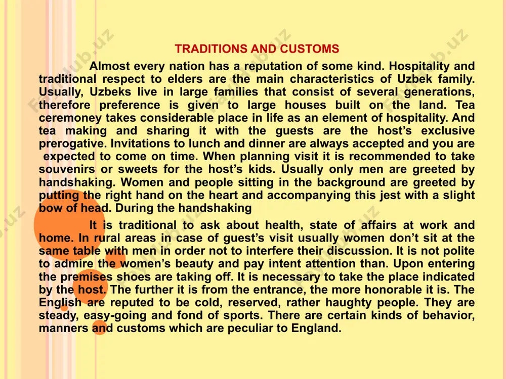eats in buses and trains, but they take their seats in queues at bus stops. english people do not shake hands when meeting one another, they do not show their emotions even in tragic situation. they seem to remain good-tempered and cheerful under difficulties. the english are a nation of stay-at-homes.there is no place like.the englishman says “my house is my castle “because he desn’t wish his doings to be overlooked by his neighbours.it is true that english people prefer small houses, built for one family.the fire is the focus of the english home. other nations go out yo cafes or cocktail bars.the fireplace is the natural centre of interest in the room. they like to sit round the fire and watch the dancing flames, exchanging the day’s experience. in many houses you will still see firelpaces, sometimes with columns on each sideand a shelf above it on which there …