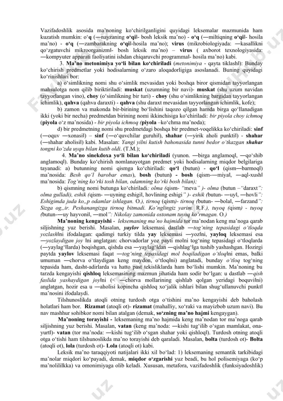 llar – ijtimoiy-iqtisodiy, ilmiy-texnikaviy taraqqiyot, xalqlar о‘rtasidagi madaniy-ma’rifiy aloqalar, ong, tafakkur rivoji, bilingvizm (ikki tillilik) yoki polilingvizm (kо‘p tillilik) kabi jarayonlar. bunday omillar tilga, ayniqsa, uning leksikasiga doimiy ta’sir о‘tkazib turadi, ayrim leksemalarning semantik tarkibida yangi leksik ma’nolarning yuzaga kelishiga ham sabab bо‘ladi. masalan, oyoq leksemasi dastlab inson a’zolaridan birini nomlagan, keyinchalik u xontaxta, kursi, stol, stul, karavot kabi mebellarning ―oyog‘i‖ni ham atay boshlagan: xontaxtaning oyog‘i, kursining oyog‘i, stolning oyog‘i, karavotning oyog‘i kabi. bunga inson yashab turgan muhitda turli-tuman mebel-jihozlarning paydo bо‘lganligi, shu bilan bog‘liq ravishda inson ongida yangi tasavvurlarning yuzaga kelganligi, nihoyat, til bilan ijtimoiy hayot, ong va tafakkur о‘rtasidagi murakkab aloqalar sabab bо‘lgan. demak, sо‘z-leksemaning leksik ma’nosi yuqorida keltirilgan omillar ta’sirida о‘zgarib turadi, leksik ma’no taraqqiyoti deyilganda shular nazarda tutiladi. bunday taraqqiyotning yо‘llari ham har xil: ma’noning kо‘chishi, kengayishi va torayishi, bundagi miqdor va hajm о‘zgarishlari shular jumlasidandir. ma’noning kо‘chishi - bir predmet (yoki hodisa) nomining keyinchalik boshqa …