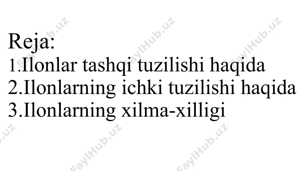 ,5 santimetr yetadi. biroq, bir nechta turlar 61 santimetrga o'sishi mumkin. pyotrning yirik ko'r iloni yoki zambezi ko'r iloni sifatida tanilgan eng kattasi uzunligi 0,9 metr va og'irligi 0,5 kilogramm ga yetishi mumkin. soxta oyoqlilar yoki bo’g’ma ilonlar(boidae)oilasi-tropik va subtropik zonalarda tarqalgan.bu oilaning 85 turi bor.gavdasining uzunligi 50 sm dan 10 mgacha boradi.tipik vakili janubiy amerikada yashaydigan bo’g’ma ilon,janubiy-sharqiy osiyoda yashovchi piton,o’rta osiyo va qozog’istonda sharq bo’g’ma iloni va kavkazda tarqalgan g’arb bo’g’ma ilonchasi hisoblanadi.bo’g’ma ilonlar og’zida 6 qator joylashgan 100 tagacha tishlari bor,zahar tishlari yo’q.og’zi katta ochiladi,muskullari kuchli,dumi qisqa,o’pkasi 2ta.tungi hayvonlar,ko’zlari kechasi ko’rishga yaxshi moslashgan.oshqozoniga tushgan ovqat 3-4 kunda hazm bo’ladi.shu davrda qimir etmasdan qumga ko’milib yotadi,ayrimlari 570 kun va hatto 3 yilgacha ochlikka chidaydi.bo’g’ma ilonlar oilasining 8 turi va kenja turlari xalqaro qizil kitobga kiritilgan.go’shti va yog’i ovqatga ishlatiladi.terisi jomadon,sumka va poyabzal tikishda qo’llaniladi. suv ilonlar(colubridae)oilasi-2000 dan ortiq tur kiradi.antarktidadan boshqa barcha qit’alarda uchraydi.o’zbekistonda suv ilonlarning 6 urug’ga …