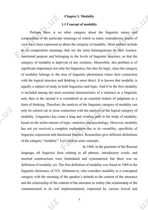 f ushakov d.n. (1996): modality - (english modality) a conceptual category with the meaning of the speaker’s attitude to the content of the statement and the relationship of the content of the statement to reality (the relationship of what is being communicated to its actual implementation), expressed by various grammatical and lexical means, such as mood forms, modal verbs, intonation, etc. [23: p. 277] . linguist v.v. vinogradov in his work “russian language” gave a broader definition of modality. it follows from it that “modality is not only a characteristic of reality and unreality, but also the attitude of the speaker to what is being expressed.” from the definition it is clear that there are two types of modality: objective and subjective, but in the text it is difficult to distinguish a clear boundary between them. many researchers believe that modality in a text is subjective. [13: p. 23] 1.2. …
