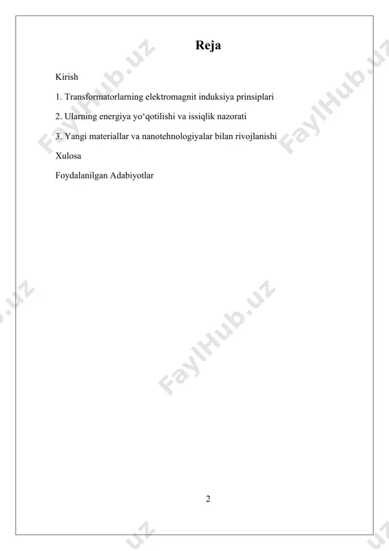 un ularning ishlash prinsiplari va materiallari bilan bog‘liq izlanishlar davom etmoqda. ushbu tadqiqotning asosiy maqsadi — transformatorlarning elektromagnit induksiya prinsiplari, energiya yo‘qotilishi va issiqlik nazorati masalalarini o‘rganishdir. shuningdek, nanotehnologiyalar va yangi materiallarning transformatorlarning ishlashiga ta'siri ham muhim o‘rganiladi. bu yo‘nalishlar energiya tizimlarining samaradorligini oshirish va ekologik xavfsizlikni ta'minlash uchun katta imkoniyatlar ochmoqda. i. transformatorlarning elektromagnit induksiya prinsiplari transformatorlarning elektromagnit induksiya prinsiplari asosida ishlash jarayoni elektromagnit qonunlar va fizikaviy prinsiplar bilan bevosita bog‘liq bo‘lib, ular transformatorlarning asosiy ishlash prinsipini tashkil etadi. elektromagnit induksiya qonuni, ayniqsa, faradayning elektromagnit induksiya qonuni, transformatorlarning asosiy ishlash mexanizmini tushunishda muhim ahamiyatga ega. bu qonunga ko‘ra, agar doimiy magnit maydonning o‘zgarishi yoki magnit maydonning magnit oqimi bilan bog‘liq bo‘lgan zanjir ichida magnit maydon o‘zgarishi yuzaga kelsa, bu zanjirda elektromagnit urish yoki kuchlanish induksiya qilinadi. transformatorlarning ishlashida, ikki asosiy element – primar va sekundar o‘ralgan simlar yoki simli o‘ramlar – mavjud bo‘lib, ular orasida magnetik oqim hosil qilinadi. …
