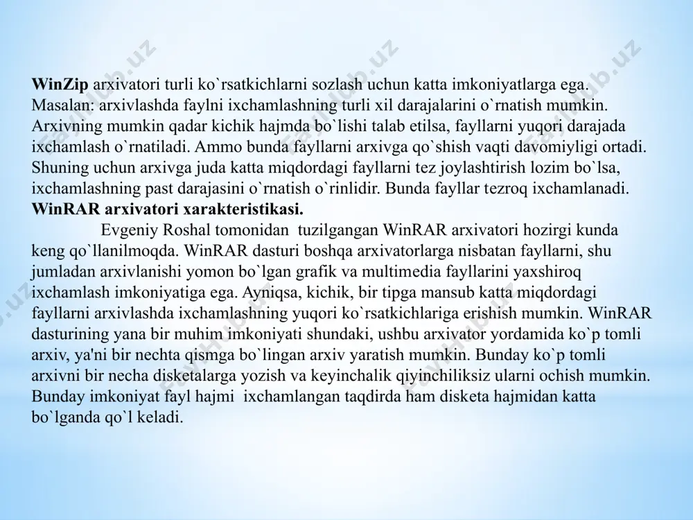 sion tizimining asosiy mеnyusini oching; asosiy mеnyudan «программы»- «проводник» buyrug‘ini tanlang. «проводник» dasturining ishchi oynasi ochiladi.. c: \ program files \ winzip papkalarini tanlang sichqonchaning o`ng tugmasini papkaning ixtiyoriy joyida (fayllar nomi yozilgan ustundan tashqari) bosing. fayllar bilan ishlash uchun kontеkst mеnyu namoyon bo`ladi. создать- winzip file buyru/i tanlanganda «проводник» ishchi oynasida yangi fayl – arxiv hosil bo`ladi. winzip file.zip nomini readmi.1.zip ga o`zgartiring va “enter” tugmasini bosing. arxivdan faylni o’chirish uchun quyidagi oynada delete tugmasidan foydalaniladi. arxivator- dasturlaridan foydalanish internet tarmog’ining foydalangan holda ham talab etilishi mumkin. ayrim fayllarni tarmoq orqali uzatish vaqtini qisqartirish maqsadida, ular internetga arxiv shaklida joylashtiriladi. ko’p hollarda bular dasturlar fayllari, hamda word matn muxarriri va ms excel elektron jadval redaktori formatidagi xujjat faylidir. amalda juda ko’p turli tipdagi arxivlar va undan ortiqroq ular bilan ishlaydigan arxivator-dasturlar mavjud. ko’p hollarda .zip, .arj formatodagi arxivlar, oxirgi paytlarda esa .rar formatidagi arxivlardan foydalanilmoqda. winrar ning ba`zi bir …