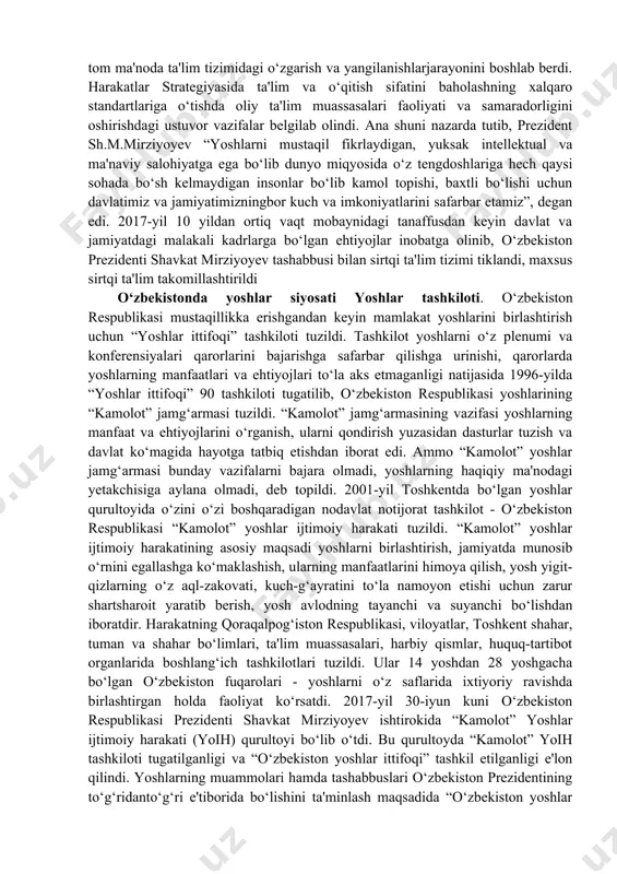 sqichi (1997-2001) doirasida amalga oshirildi. shu davr mobaynida 300 ga yaqin yangi turdagi ta'lim muassasalari ochildi. o‘rta maxsus ta'lim sohasida viloyatlarda biznes maktablari, umumta'lim maktablarida kasb-hunar kurslarining ochilishi, bozor iqtisodiyoti talablaridan kelib chiqqan holda yangi mutaxassisliklar (fermer, soliq va bojxona xodimi, audit va hokazo) kiritildi. unga binoan, yurtimizda 1997-yildan boshlab hozirga qadar 1400 dan ortiq kasb-hunar kolleji, 200 ga yaqin akademik litsey bunyod etildi. ular sohalar bo‘yicha mutasaddi tashkilotlar va oliy ta'lim muassasalariga biriktirilishi tufayli bu bosqichda o‘quv jarayoni samarali tashkil etilib, kollej bitiruvchilarining ish bilan ta'minlanishiga e'tibor qaratilganiga qaramay, bu borada qoniqarli natijaga erishilmadi. 2017-yilgi islohotlar. ta'lim tizimida amalga oshirilgan islohotlar, 12 yillik ta'limni takomillashtirish yo‘lidagi tadbirlar kutilgan natijani bermadi. yig‘ilib qolgan muammolar sohani tub isloh qilishni, dunyoning rivojlangan mamlakatlari tajribasidan foydalanish zarurligini taqazo qildi. 2017-yil umumta'lim va o‘rta maxsus kasb-hunar ta'limi tizimida tub islohotlar yili bo‘ldi. xalq qabulxonalari va prezidentning virtuaqabulxonasiga tushgan taklif va mulohazalar, shuningdek, respublika maktablaridagi …