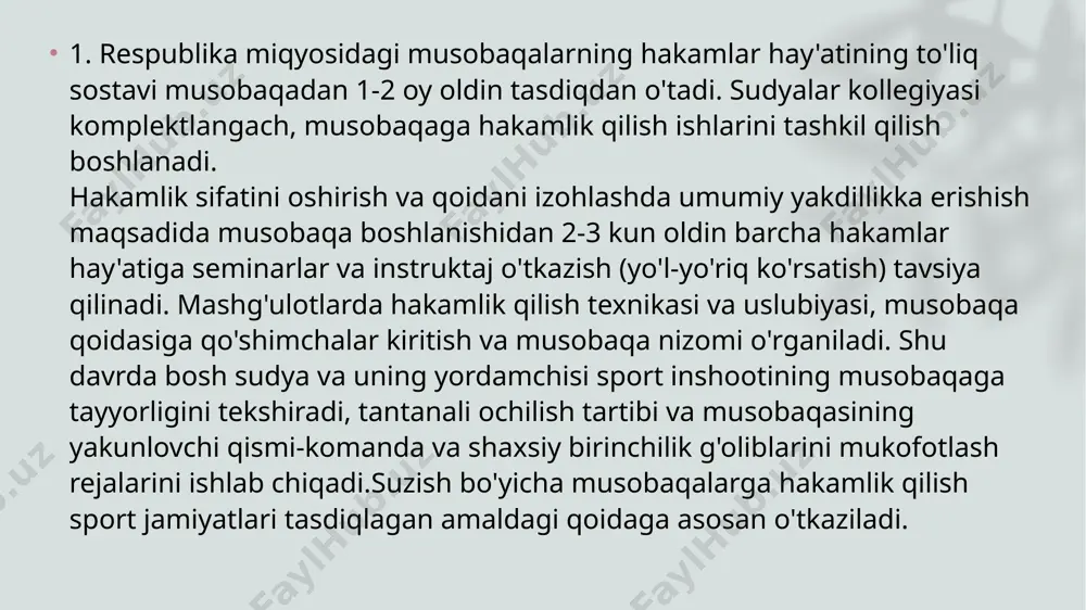 rilishlarning to'g'ri bajarilishini kuzatadi, suzuvchilarning finishga kelish tartibini belgilaydi, sekundomer ko'rsatkichiga muvofiq suzuvchilar natijasini chiqaradi va qatnashayotgan tashkilotlar komandalarining natijalarini hisoblaydi. hakamlar hay'atida eng katta vazifani sekretariat bajaradi. sekretariatning ishni tez, aniq va puxta bajarishi musobaqaning samarali o'tishini ta'minlaydi. sekretariat hakamlar hay'ati majlislarining protokolini olib boradi. ayrim masofalar bo'yicha protokollar tuzadi. nizomga binoan komanda birinchiligini joriy qilingan hisob (zachyot) sistemasiga muvofiq aniqlaydi. komanda va shaxsiy birinchilik g'oliblarini mukofotlash uchun hujjatlar hamda musobaqaning hisobotini tayyorlaydi. suzish bo'yicha o'tkazilgan komanda birinchiligi musobaqalarida turli zachyot sistemalari qo'llaniladi. xulosa musobaqa nizomga binoan, belgilangan vaqtda boshlanadi. parad hakamlar hay'ati va qatnashuvchi komandalarning avvalgi yil yakunlovchi musobaqalarda egallagan o'rinlari tartibida chiqish bilan boshlanadi. agar musobaqa birinchi marta o'tkazilayotgan bo'lsa, unda qatnashuvchi komandalar tashkilot nomi bo'yicha alfabit tartibida saflanib chiqadi. saflangandan so'ng parad komandiri raport beradi. raportni qabul qiluvchi qisqa tabrik nutqi so'zlaydi. so'ngra musobaqa bayrog'i ko'tariladi. musobaqaning keyingi kunlari sudyalar kollegiyasining uyushgan holda chiqib saflanishi musobaqaning …