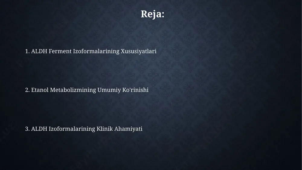 kuzatiladi. aldh21 va aldh22 izoformlarining genotiplari individual spirtli ichimliklarga bo'lgan javob reaksiyasini belgilashda muhim rol o'ynaydi, masalan, aldh22/2 genotipi giperemiya va boshqa salbiy ta'sirlarni keltirib chiqarishi mumkin. aldh induktorlari kronik alkolizmda aldh induktorlarini qo'llash cyp2e1 fermentining ekspressiyasini o'zgartirishi va jigar shikastlanishi xavfini oshirishi mumkin, shuning uchun ehtiyotkorlik bilan qo'llash kerak. ba'zi o'simlik ekstraktlari, masalan, shuvoq ekstrakti, aldh izoenzimlarini induksiya qilish orqali etanol metabolizmini tezlashtirishi mumkin, ammo bu ta'sirning darajasi individual farq qiladi. davolash va kelajakdagi tadqiqotlar aldh izozimlarining faolligiga ta'sir qiluvchi yangi dori-darmonlarni ishlab chiqish bo'yicha 10 dan ortiq klinik tadqiqotlar o'tkazilmoqda, bu esa alkogolga bog'liq kasalliklarni davolashda yangi imkoniyatlarni ochib beradi. alkogol metabolizmining molekulyar mexanizmlarini chuqurroq tushunish uchun katta ma'lumotlar tahlili va bioinformatika usullaridan foydalanish, yangi terapevtik strategiyalarni ishlab chiqishga imkon beradi, bu esa kasallikning og'irlik darajasini kamaytirishga yordam beradi. etanol metabolizmi: kirish aldh izozimlari turli to'qimalarda turlicha ifodalanadi, masalan, aldh1 sitosolik, aldh2 esa mitoxondrial izoformalar hisoblanadi va ularning …