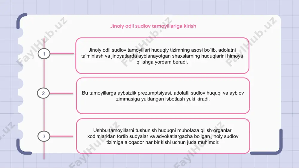iladi. bundan tashqari, tegishli tartib asossiz tintuv va musodaralardan himoyalanishni kafolatlaydi va shafqatsiz va g'ayrioddiy jazoni taqiqlaydi. jinoiy sudda etika paragraf paragraf paragraf 1 2 3 qayta tiklovchi adolat: tamoyillari va qo'llanilishi qayta tiklovchi adolat - jinoyat natijasida etkazilgan zararni qoplash va jinoyatchi, jabrlanuvchi va jamiyat o'rtasidagi munosabatlarni tiklashga qaratilgan jinoiy odil sudlovning printsipi. u jinoyatning asosiy sabablarini bartaraf etish, davolanish va yarashuvga yordam berish va qayta jinoyat sodir etish ehtimolini kamaytirishga qaratilgan. qayta tiklovchi adolat amaliyotiga jabrlanuvchi va jinoyatchi vositachiligi, jamoat konferentsiyasi va tiklash doiralari kiradi. aybsizlik prezumptsiyasi printsipi aybsizlik prezumptsiyasi printsipi jinoiy sudlovning asosiy tamoyilidir. unda aytilishicha, jinoyatda ayblanayotgan har bir shaxs aybi isbotlanmaguncha aybsiz hisoblanadi. bu tamoyil ayblanuvchining aybini asosli shubhasiz isbotlash uchun ayblov tomoniga isbotlash yukini yuklaydi. jinoiy sudlovda mutanosiblik printsipi jinoiy sudlovda mutanosiblik tamoyili adolat tushunchasiga asoslanadi va jinoyat uchun jazoning jinoyatning og‘irligiga mutanosib bo‘lishini ta’minlaydi. demak, jazo juda yengil ham, o‘ta og‘ir ham emas, …