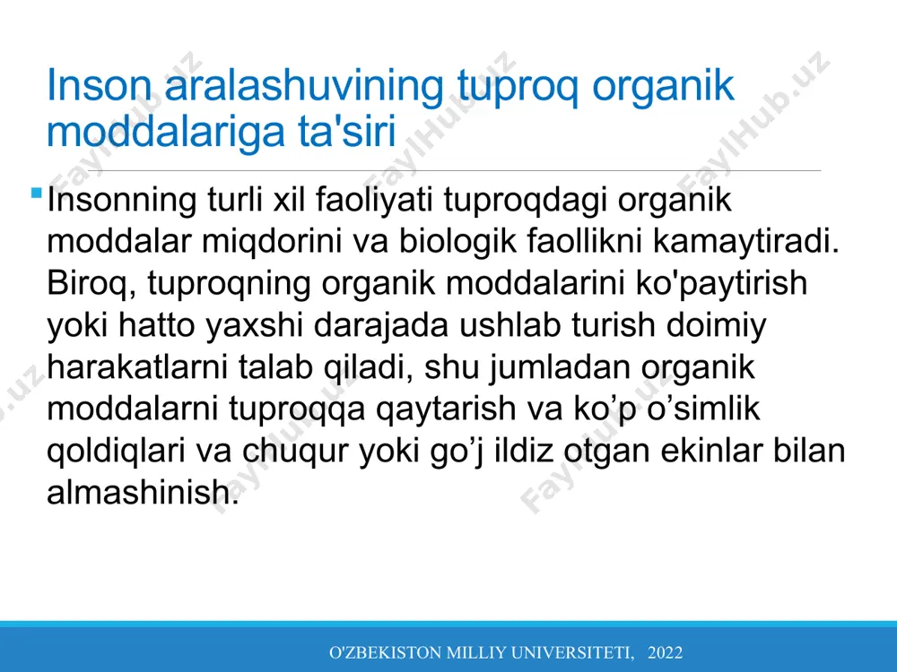va tuproq eroziyasiga olib kelishi mumkin (3-rasm), organizmlar uchun potentsial oziq-ovqatlarni olib tashlash, ya'ni. tuproqning yuqori qatlamidagi organik moddalar. binobarin, tuproq biotasi tuproqning eng muhim mulki bo‘lib, “biotani yo‘qotib, yerning eng yuqori qatlami tuproq bo‘lmay qoladi” (lal, 1991). tuproqdagi organik moddalar miqdorini kamaytiradigan amaliyotlar o'zbekiston milliy universiteti, 2022 tuproqdagi organik moddalar miqdorini kamaytiradigan amaliyotlar o'zbekiston milliy universiteti, 2022 rasm 3. tuproqning kuchli eroziyasi potentsial energiyani manbai olib tashlaydi shuning uchun o'limga olib keladigan tuproq mikroblari, mikrob populyatsiyasi va tuproqning o’zini ham. ochiq siklli tizimda tuproq organik moddalarining kamayishiga olib keladigan omillarni (6-rasm) quyidagicha guruhlash mumkin: biomassa ishlab chiqarishni kamaytirish; organik moddalarni kelishini kamaytirish; parchalanish tezligining oshishi. tuproqdagi organik moddalar miqdorini kamaytiradigan amaliyotlar o'zbekiston milliy universiteti, 2022 qishloq xo'jaligi uchun o'rmonlarni kesishning oqibati - bu chirindili qatlamning yo'qolishi, keyinchalik tuproq organizmlarining miqdori va xilma-xilligining qisqarishiga olib keladi. ko'pgina mo''tadil o'rmon turlari yaylovga yaxshi moslashgan ko'rinadi (karri va gud, 1992), tropiklarda o'rmonlarning …