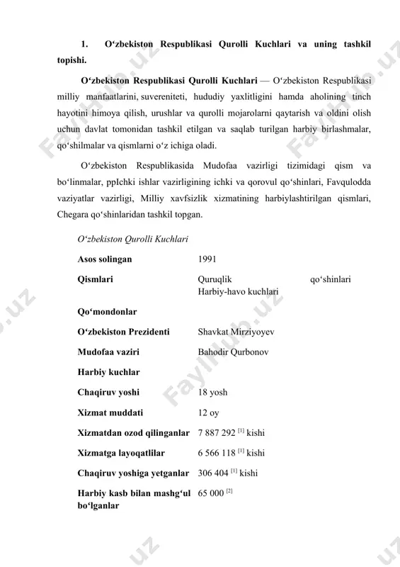 rligi va milliy gvardiya tuziladi. respublika hududida joylashgan sobiq sssr ichki ishlar vazirligi, sssr davlat xavfsizlik qo‘mitasi hamda ichki qoʻshinlari oʻzr yurisdiksiyasiga olinadi“, deb koʻrsatilgan edi. bu 1991 yil 31 avgustda qabul qilingan „oʻzbekiston respublikasi davlat mustaqilligining asoslari toʻgʻrisida“gi qonunda „oʻzbekiston respublikasi mudofaa ishlari vazirligini tuzish, milliy gvardiya va muqobil xizmatni tashkil etish huquqiga ega“ deb huquqiy jihatdan mustahkamlandi. bu amalda yosh respublikaga harbiy siyosatni amalga oshirish huquqini berdi. oʻzbekiston respublikasi prezidentining 1991-yil 6-sentyabrdagi farmoniga asosan, mudofaa ishlari vazirligi tashkil etildi, uning shtat tizimi va vakolatlari belgilandi. 1991-yil 10 sentyabrdagi farmonga binoan, mudofaa vaziri ayni vaqtda milliy gvardiya qoʻmondoni etib tayinlandi. oʻzbekiston respublikasi vazirlar mahkamasining 1991-yil 25-oktyabrdagi qaroriga binoan, mudofaa ishlari vazirligining huquqiy maqomi, tuzilishi va nizomlari tasdiqlandi. turkiston harbiy okrugi boshqaruv organlari negizida mudofaa ishlari vazirligi bosh shtabi va boshqarmalari tuzildi. 2. huquqiy asoslari va tarkibiy qismlari. oʻzbekiston respublikasining „oʻzbekiston respublikasi davlat mustaqilligining asoslari toʻgʻrisida“gi qonuni hamda 1991-yil 30 …