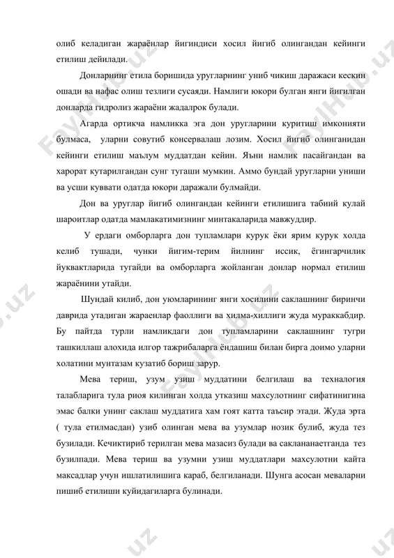 рини туплаган мевалар физиологик етилган хисобланади. уруг олиш учун асосан пайвандтаглар етиштириш учун экиладиган меваларгина физиологик етилган пайтда териб олинади. -меванинг (гура) техник етилиши – мева узумларнинг холатига караб белгиланади. шу вактда мева узумлар энг яхши сифатга эга булиб, кайта ишлаш саноатининг талабларига мос келадиган холда булади. купинча мевалар думбуллигида узилади. масалан, киём тайерлаш учун олхури, урик, ер тути каби мевалар думбул пайтида терилади. чунки улар кайнатилган вактда эзилиб кетмайди. техник етилиш даврида терилган мевалар яхши ташилади, хатто уларни оддий усулда хам ташиш мумкин. -меванинг теримбоп булиб етилиши-узум ва мевалар истеъмолчиларга хуллигида етказишга имкон берадиган холати теримбоп булиб етилиш дейилади. бу даврда териладиган хосил уз навига хос катталикда, ранги ва курсаткичлари шу навга хос булиб саклаш вактида тула пишиб етилиши хамда шу нав учун белгиланган сифатларни хосил килиш учун ярайдиган даражада етилган булади, бу холда теримбоп етилиш даври билан истеъмол килиш учун ярайдиган даражада етилиш даври бир вактга тугри келади. …