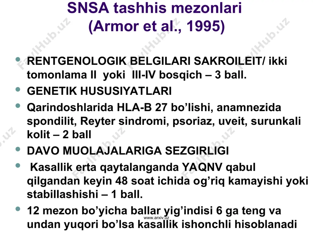 o (antibiotiklar) nosteroid yallig'lanishga qarshi vositalar mahalliy davo sifatida gohida bo’g’im ichiga kenalog yoki diprospan fizioterapiya, massaj kasallik faolligi kamayganda san-kurort davo www.arxiv.uz www.arxiv.uz psoriaz – eng ko’p tarqalgan teri kasalliklaridan biri turli tadqiqotlar natijalariga ko’ra psoriaz ning aholi o’rtasida tarqalishi 1-3% (o’rtacha 2,5%) ni tashkil etadi, jinsi, irqi va geografik o’rniga bog’liq bo’lmaydi. dermatologik bemorlarning 5% ini psoriaz bilan hastalanganlar tashkil etadi. psoriaz bilan hastalangan bemorlarning 10-15% ini 10 yoshgacha bo’lgan bolalar tashkil etgani holda psoriaz simptomlar o’rtacha 28 yoshda paydo bo’ladi. psoriatik artrit asorat sifatida 6-10% bemorlarda kuzatiladi. www.arxiv.uz www.arxiv.uz * pa 5 klinik shakli farqlanadi assimetrik oligoartrit distal va falangalararo bo’gimlar artriti simmetrik revmatoidsimon artrit destruktiv artrit psoriatik spondiloartrit www.arxiv.uz www.arxiv.uz * psoriazli bemorlarda bo’gim sindromining tashhis mezonlari qo’l va oyoq panjalari distal va falangalararo bo’gimlari zararlanishi. bir barmoqning uchta bo’gimi bir vaqtda zararlanishi. oyoq panjalari barmoqlarining patologik jarayonga erta qushilishi. talalgiya. terida psoriatik toshmalar yoki tirnoqlar …
