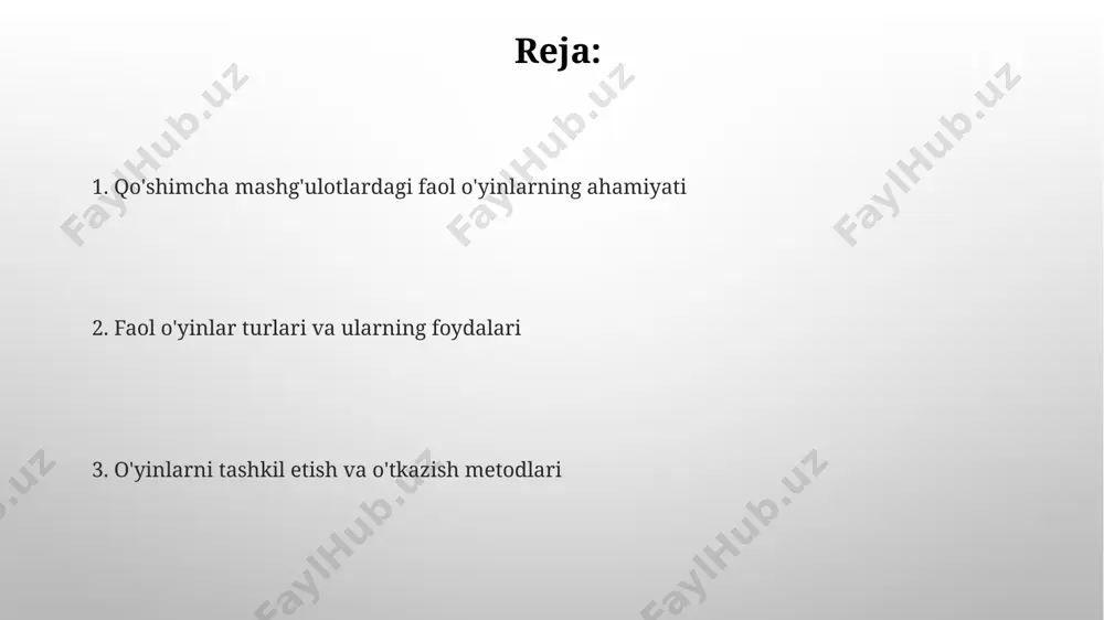 umiy sog'lom turmush tarziga hissa qo'shadi. xavfsizlik choralari мактаб ҳудудида ўйналадиган ўйинларда 20 дан ортиқ бола иштирок этса, камида 2 нафар катта ёшли ёрдамчи бўлиши ва уларнинг ҳаракатларини назорат қилиши керак, айниқса, тошкент шаҳридаги бекатлар яқинида. ўйин майдонини ўрганиш ва 10-15 см чуқурликдаги чуқурчалар, темир тиконлар ва бошқа хавф-хатарларни бартараф этиш лозим, хусусан, самарқанддаги тарихий ёдгорликлар яқинидаги майдонларда. salomatlik va sog'lom turmush tarzi toshkent shahridagi 15 yoshdan oshgan 300 nafar o'quvchilar orasida o'tkazilgan so'rovnoma natijalariga ko'ra, muntazam jismoniy mashqlar bilan shug'ullanuvchilarning 75 foizi sog'lom turmush tarzini afzal ko'rishadi va kamroq kasal bo'lishadi. o'zbekiston respublikasi sog'liqni saqlash vazirligi ma'lumotlariga ko'ra, haftasiga kamida 3 marta, har safar 45 daqiqadan sport bilan shug'ullanish stressni kamaytirish va immunitetni mustahkamlashda muhim rol o'ynaydi. o'yinlarda muvaffaqiyatga erishish o'yinlardagi muvaffaqiyat 70% strategik rejalashtirish va jamoaviy ishlashga, 30% esa individual mahorat va jismoniy tayyorgarlikka bog'liq bo'lib, masalan, futbol o'yinida braziliya terma jamoasining taktikasi muhim rol o'ynaydi. o'yinlarda psixologik …